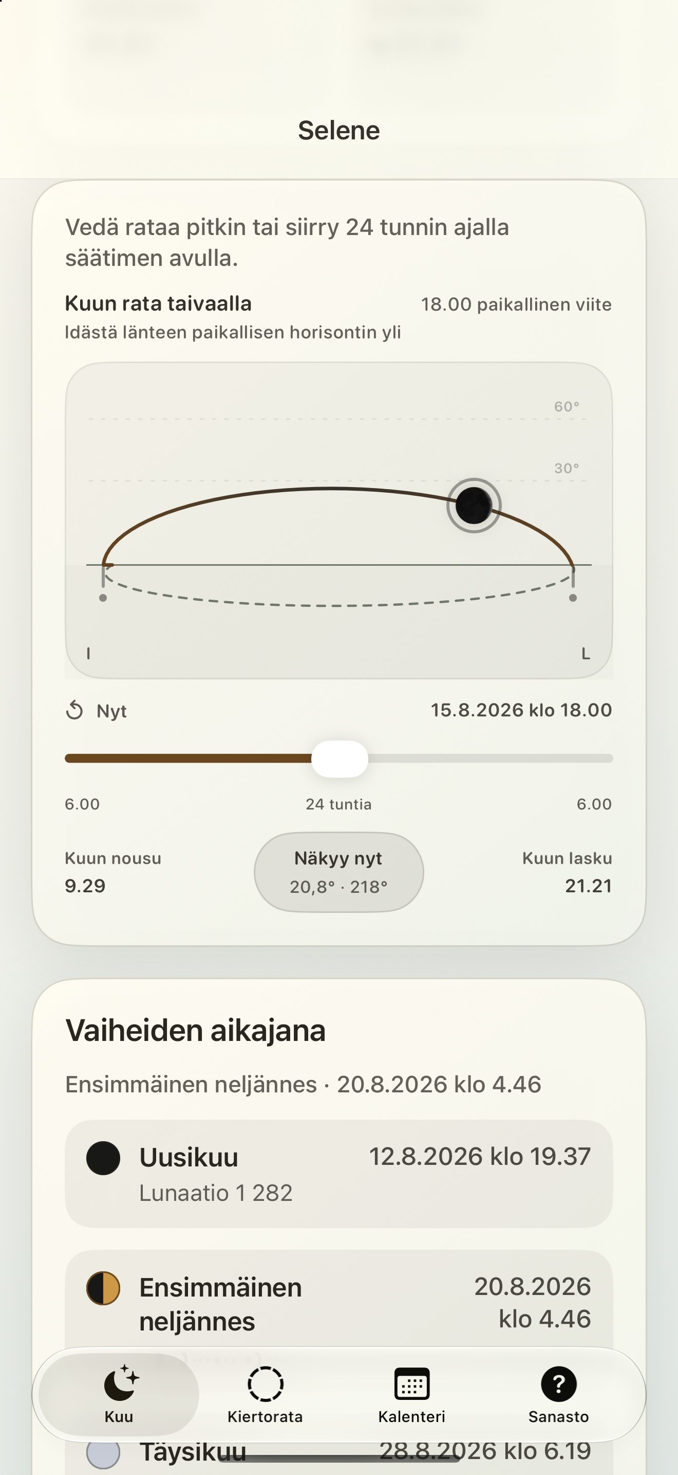 Selene iPhone screenshot 5: iPhone · Kuun rata taivaalla
