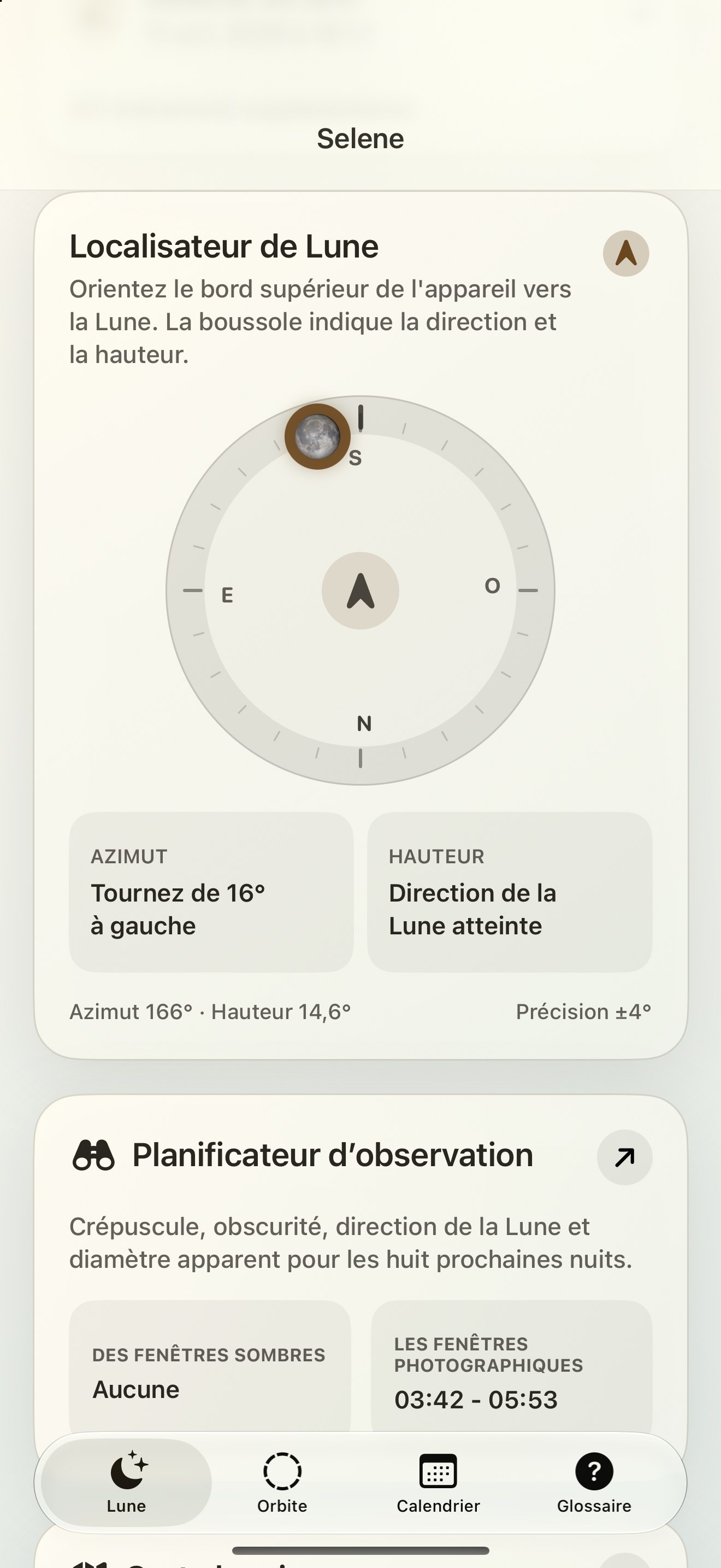 Selene iPhone screenshot 2: iPhone · Détecteur de lune et boussole lunaire