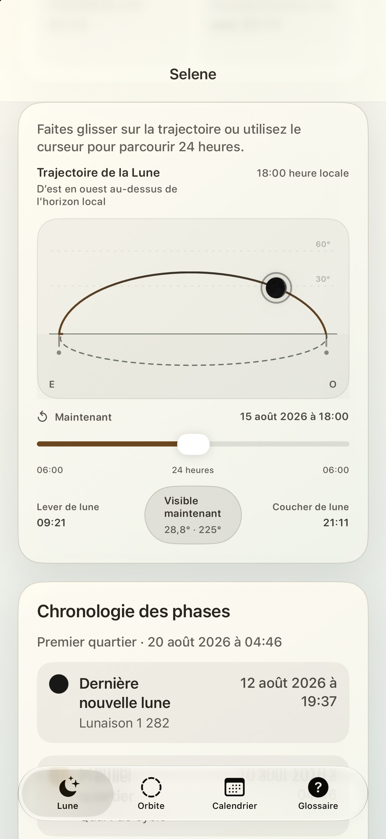 Selene iPhone screenshot 5: iPhone · Trajectoire de la Lune