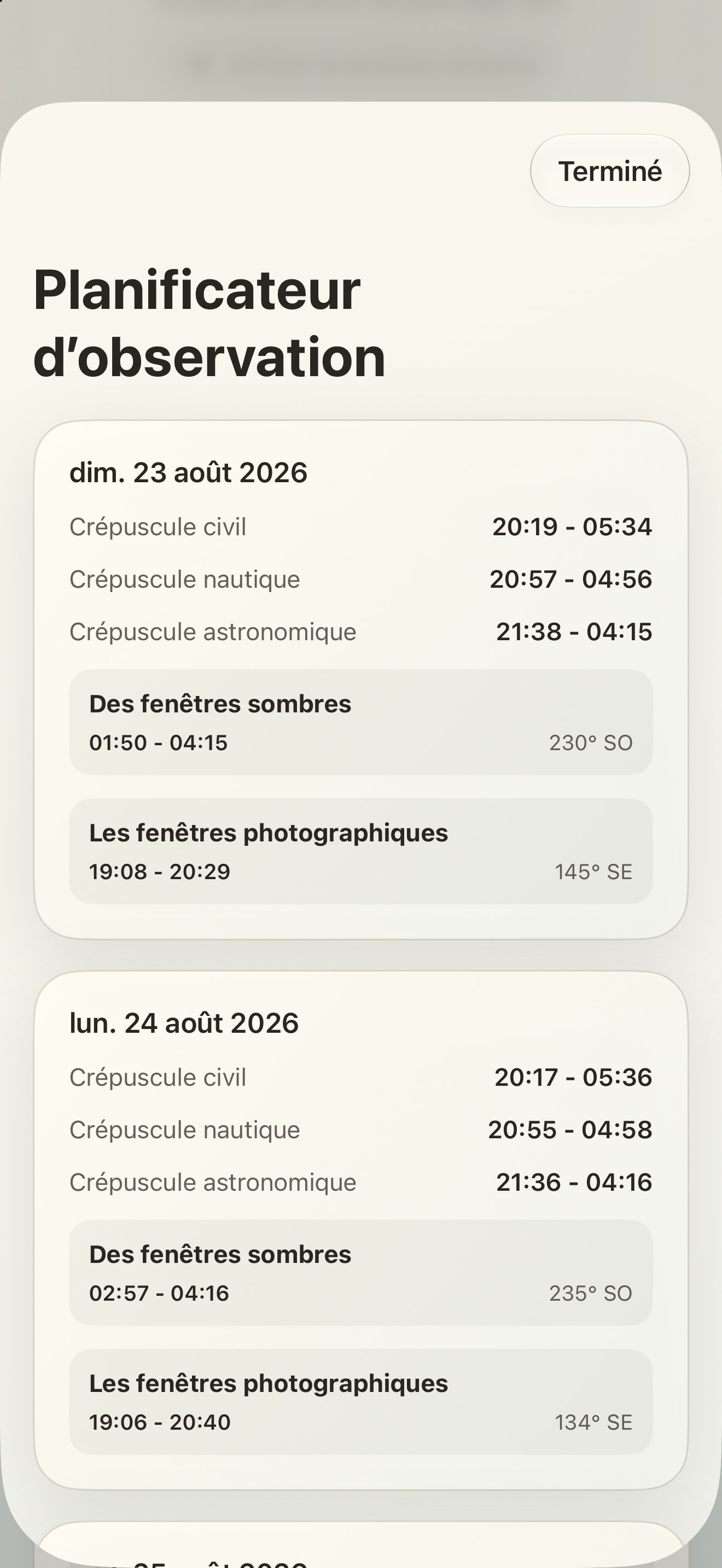 Selene iPhone screenshot 10: iPhone · Planificateur d’observation