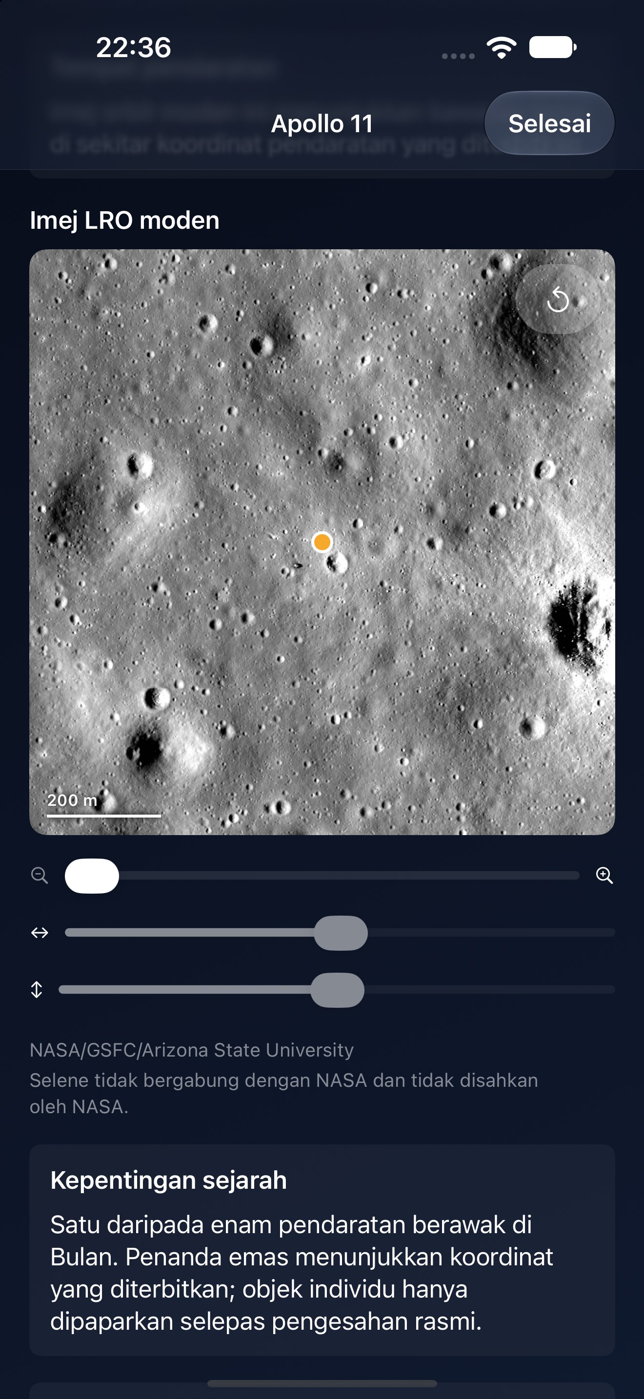 Selene iPhone screenshot 3: iPhone · Tapak pendaratan Apollo