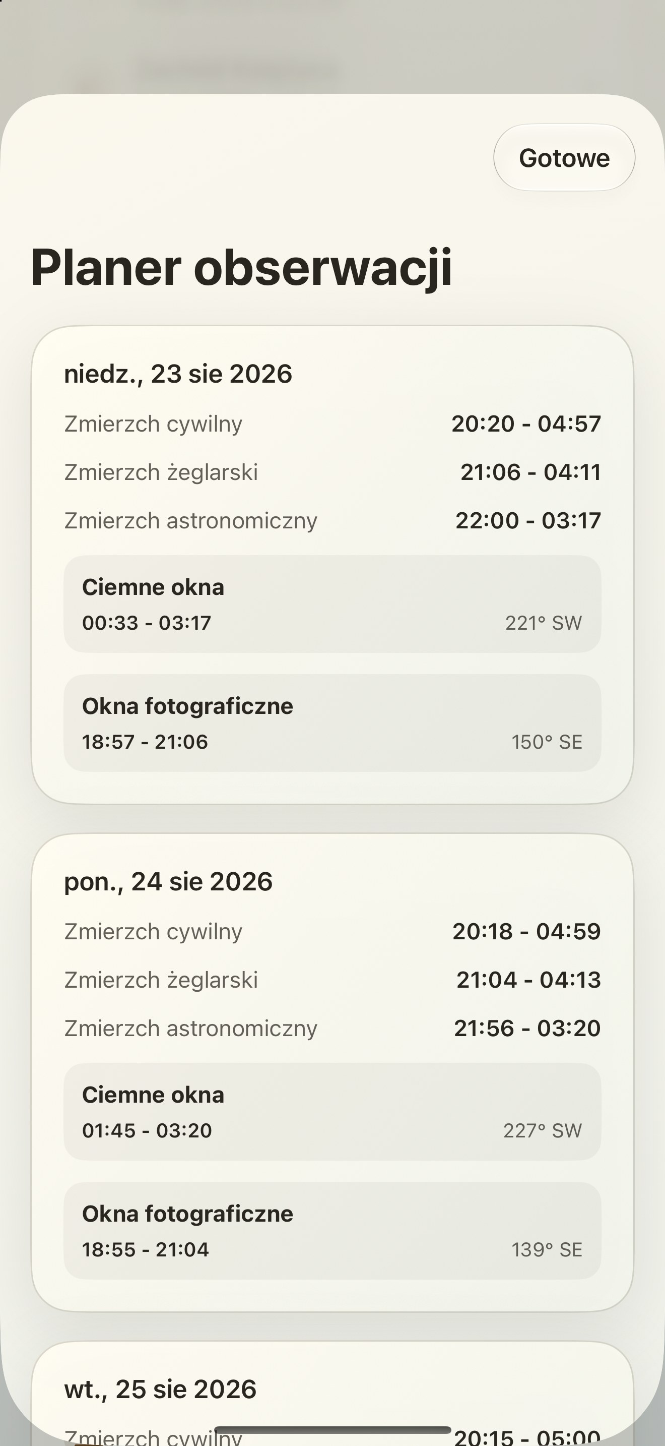 Selene iPhone screenshot 10: iPhone · Planer obserwacji