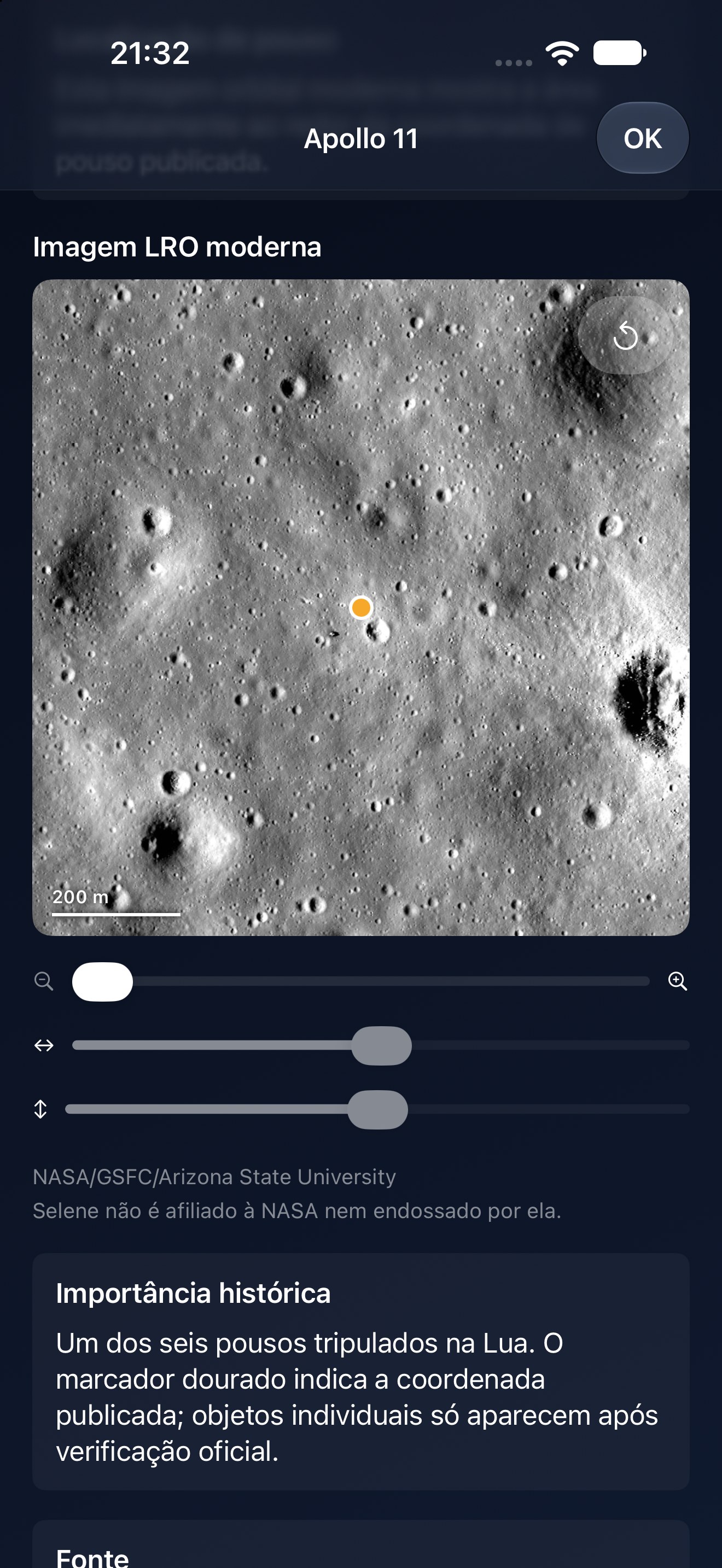 Selene iPhone screenshot 3: iPhone · Local de pouso Apollo