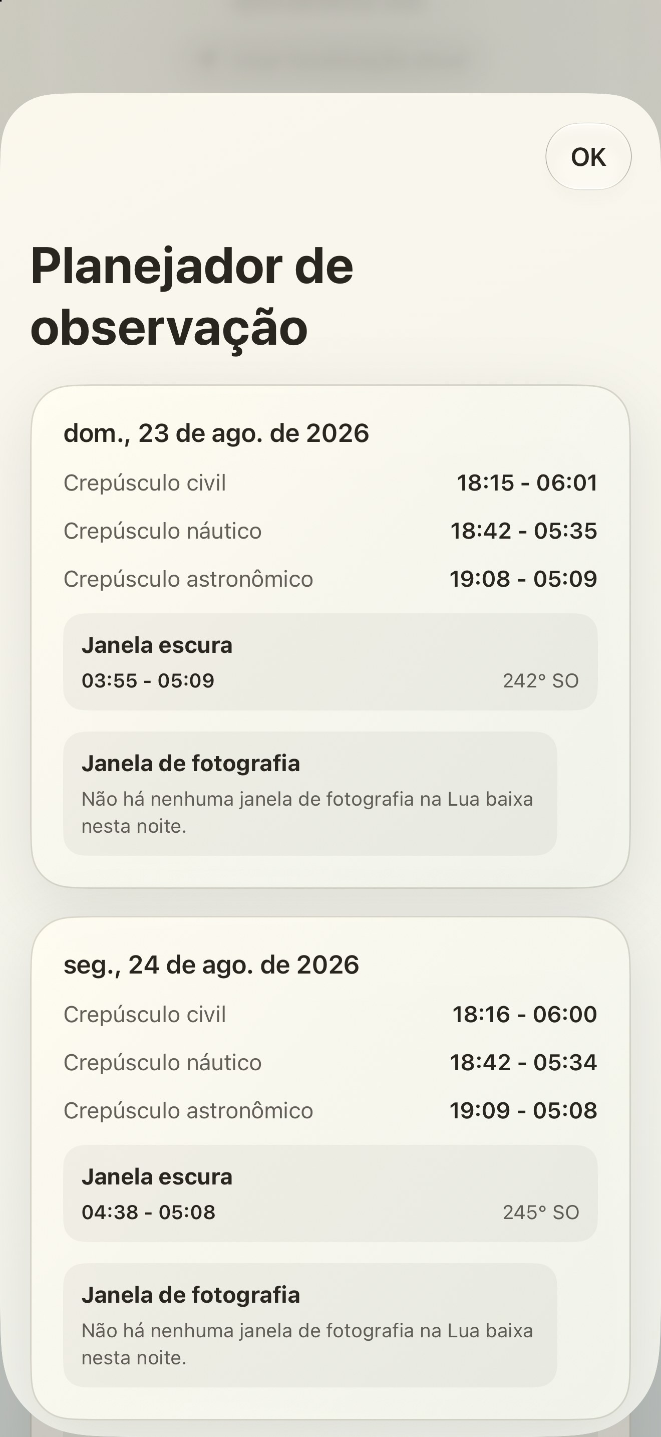 Selene iPhone screenshot 10: iPhone · Planejador de observação