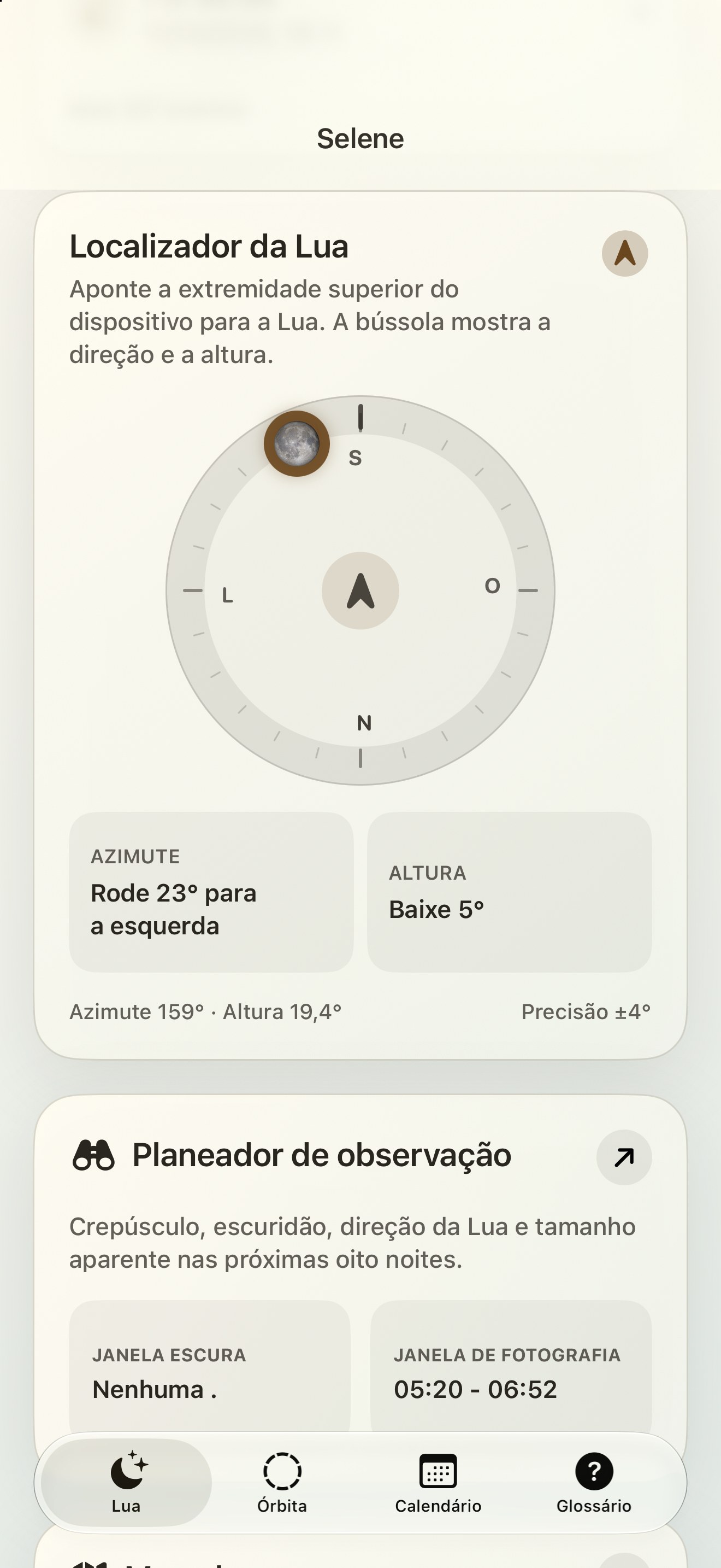 Selene iPhone screenshot 2: iPhone · Moon Finder e bússola lunar