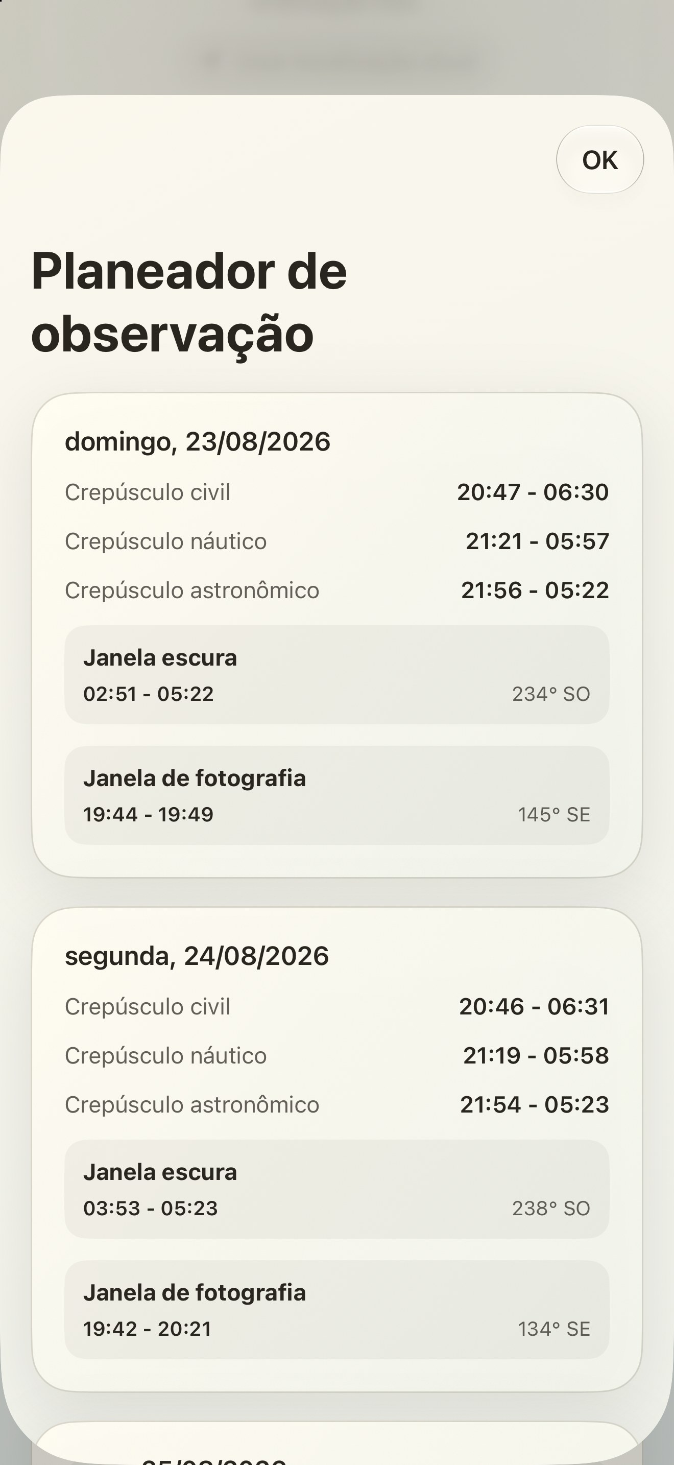Selene iPhone screenshot 10: iPhone · Planeador de observação