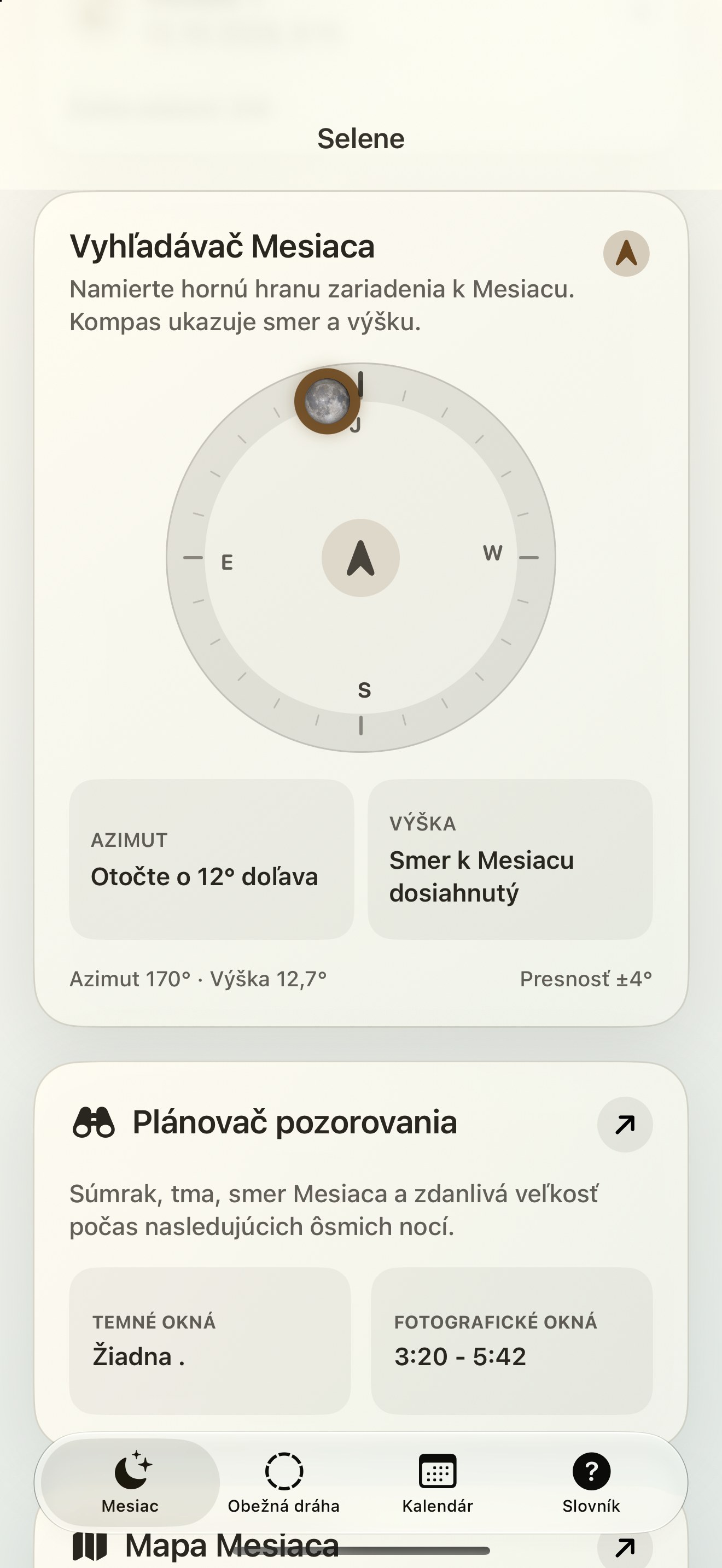 Selene iPhone screenshot 2: iPhone · Lunar Finder a mesačný kompas