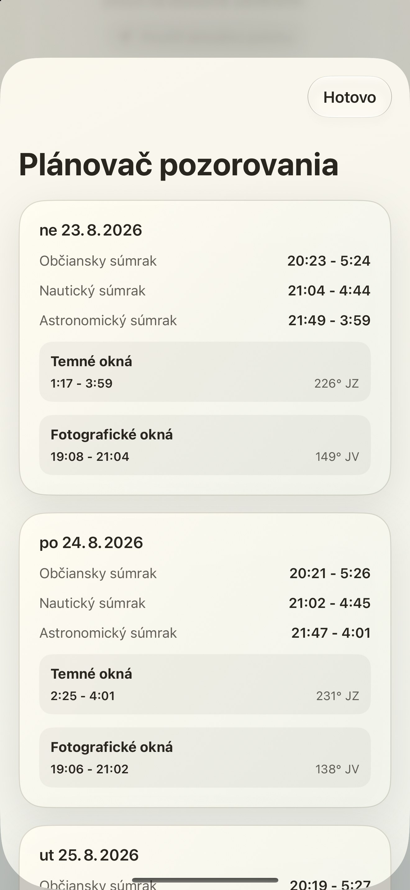 Selene iPhone screenshot 10: iPhone · Plánovač pozorovania