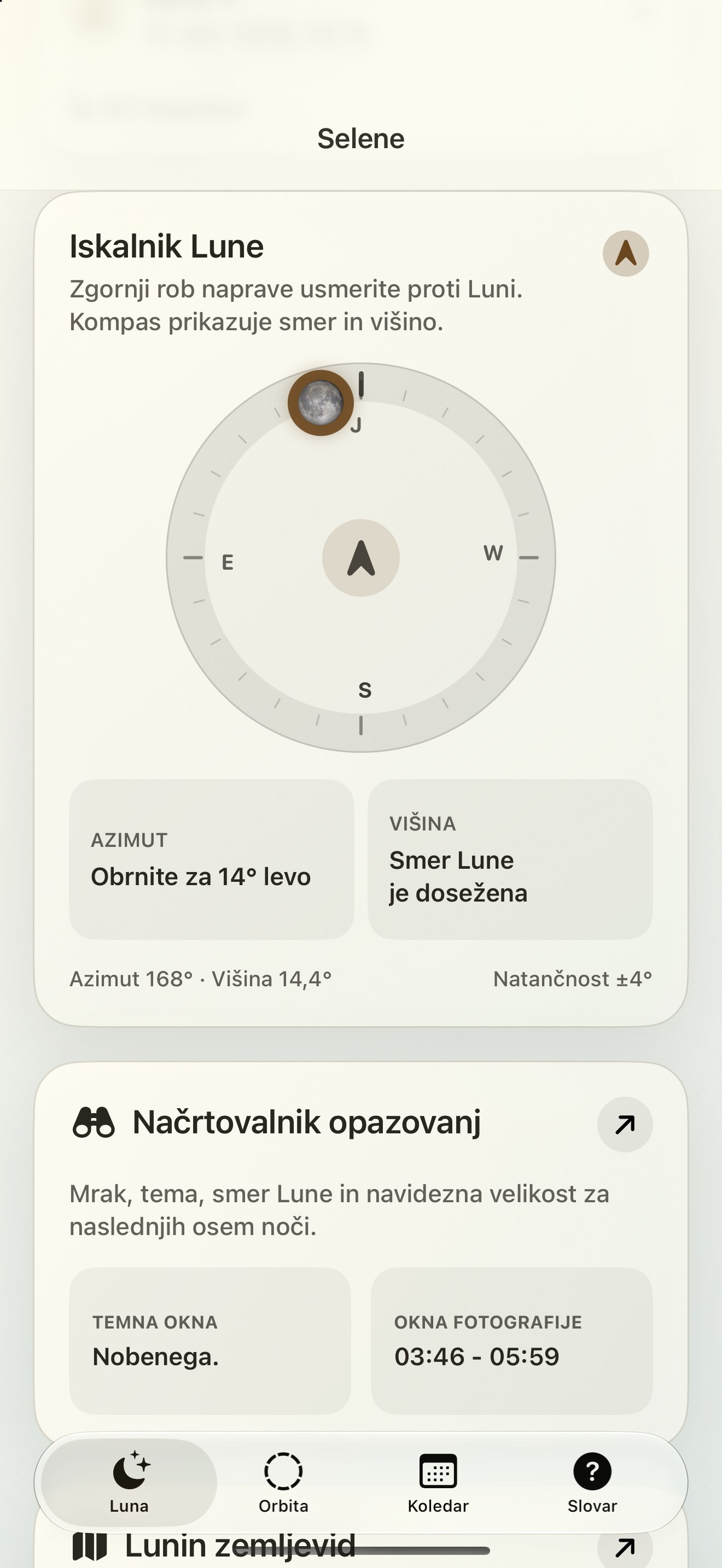 Selene iPhone screenshot 2: iPhone · Lunar Finder in lunarni kompas