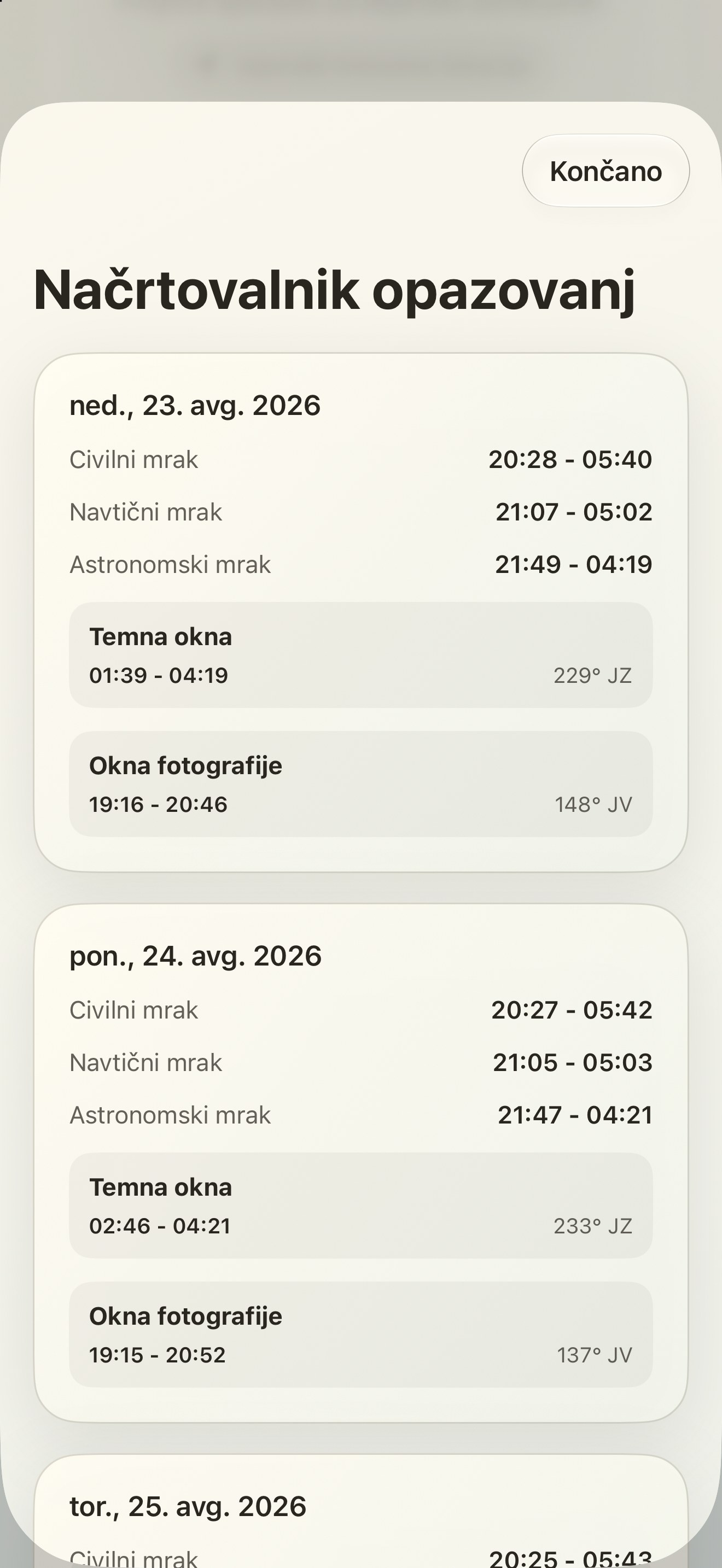 Selene iPhone screenshot 10: iPhone · Načrtovalnik opazovanj