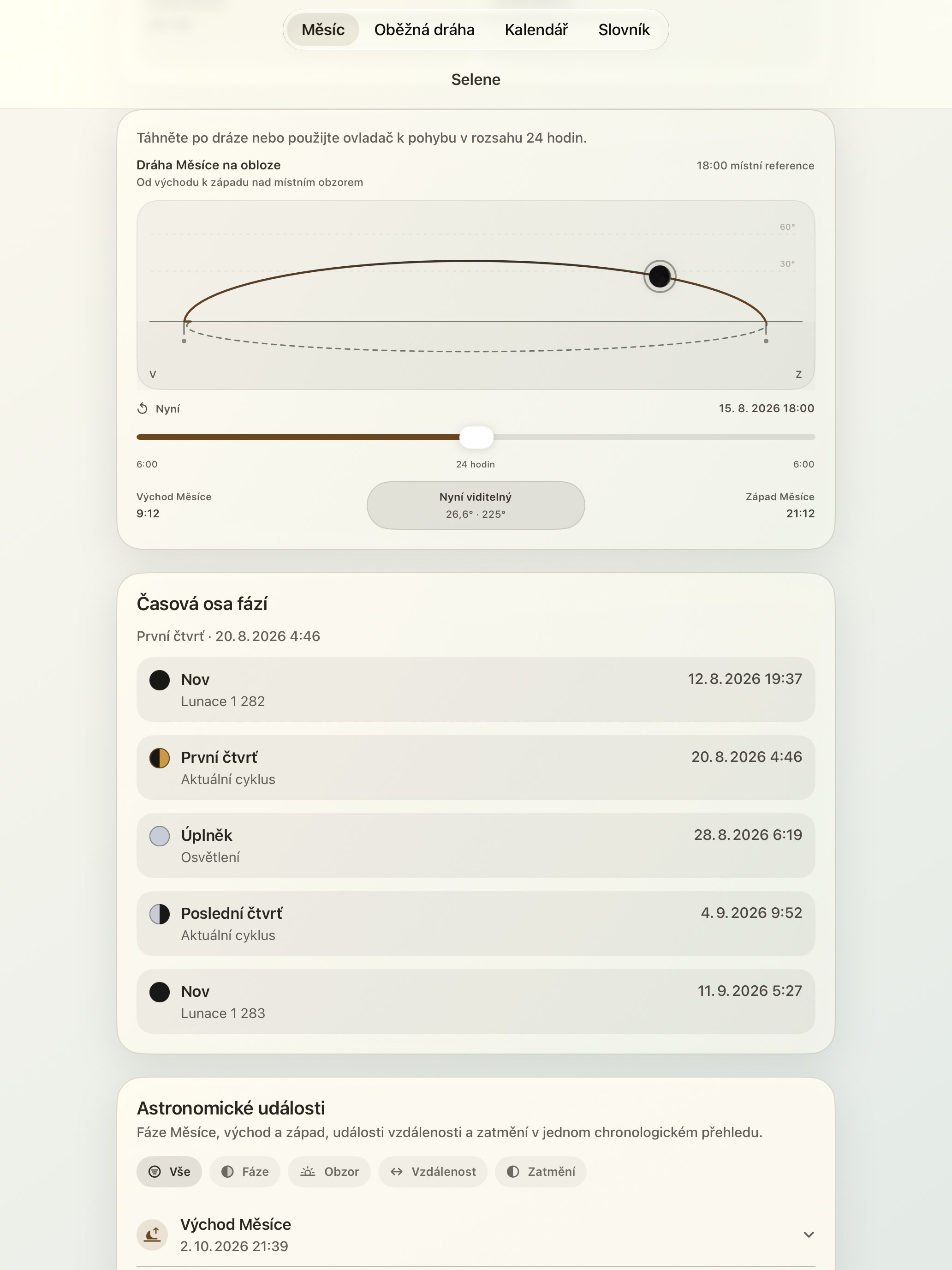 Selene iPad screenshot 5: iPad · Dráha Měsíce na obloze