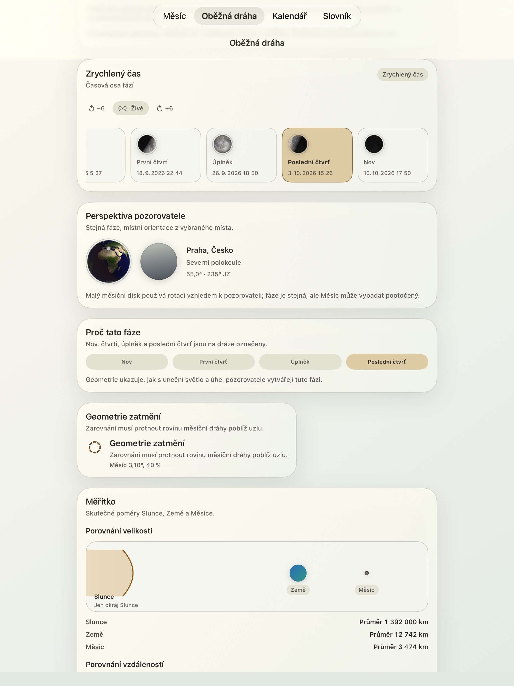 Selene iPad screenshot 6: iPad · Časová osa fází