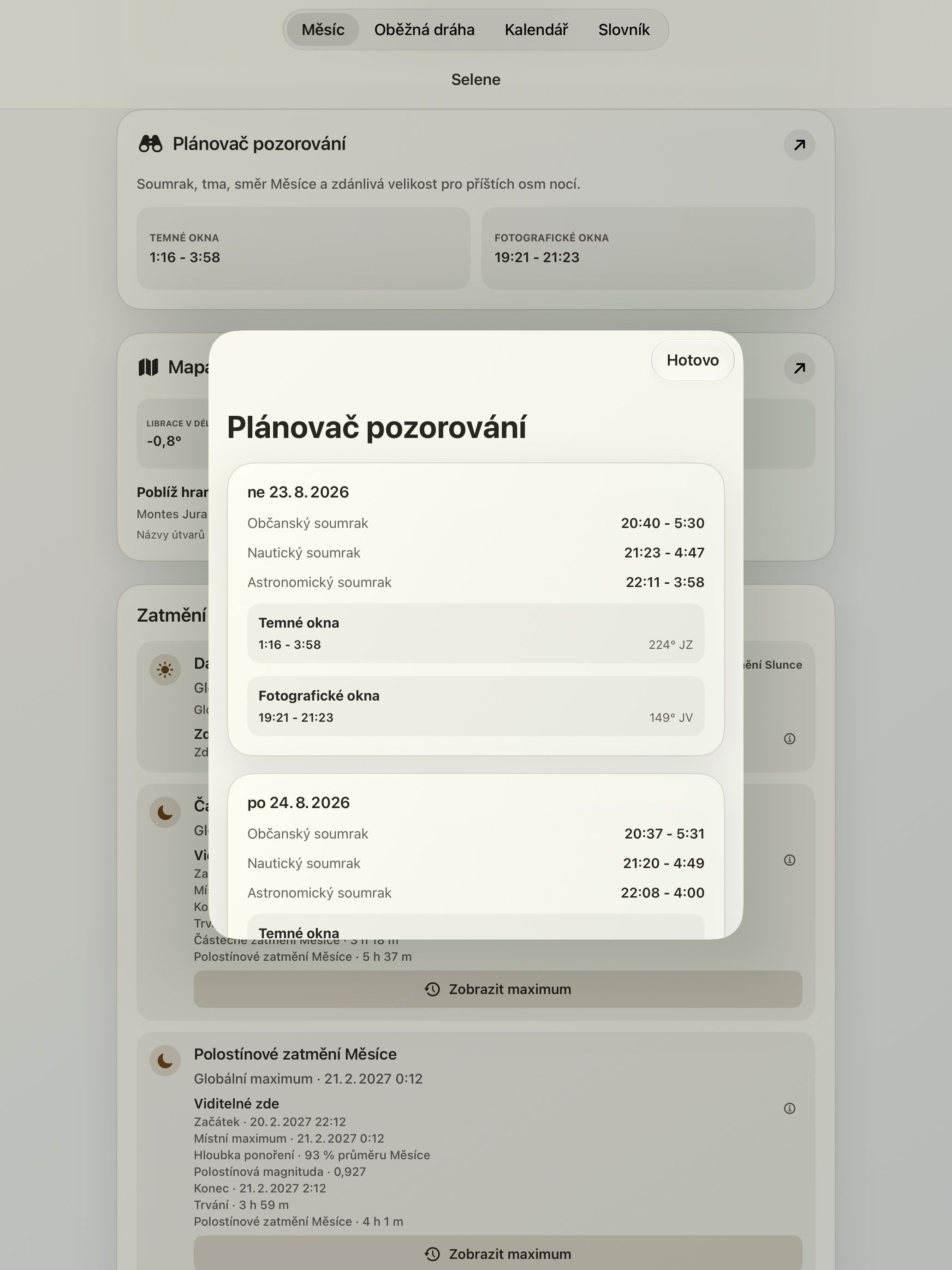 Selene iPad screenshot 10: iPad · Plánovač pozorování