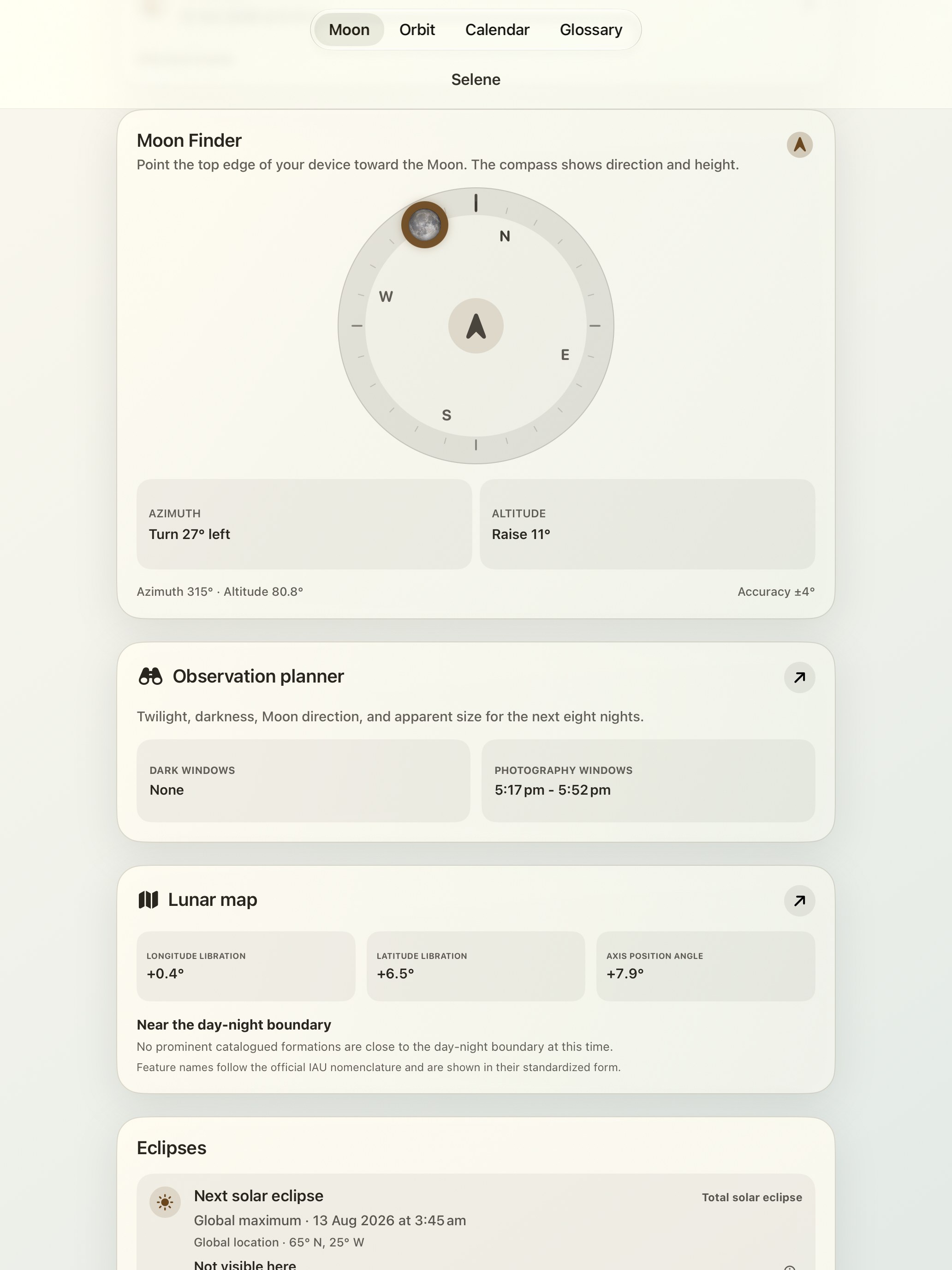 Selene iPad screenshot 2: iPad · Moon Finder and moon compass