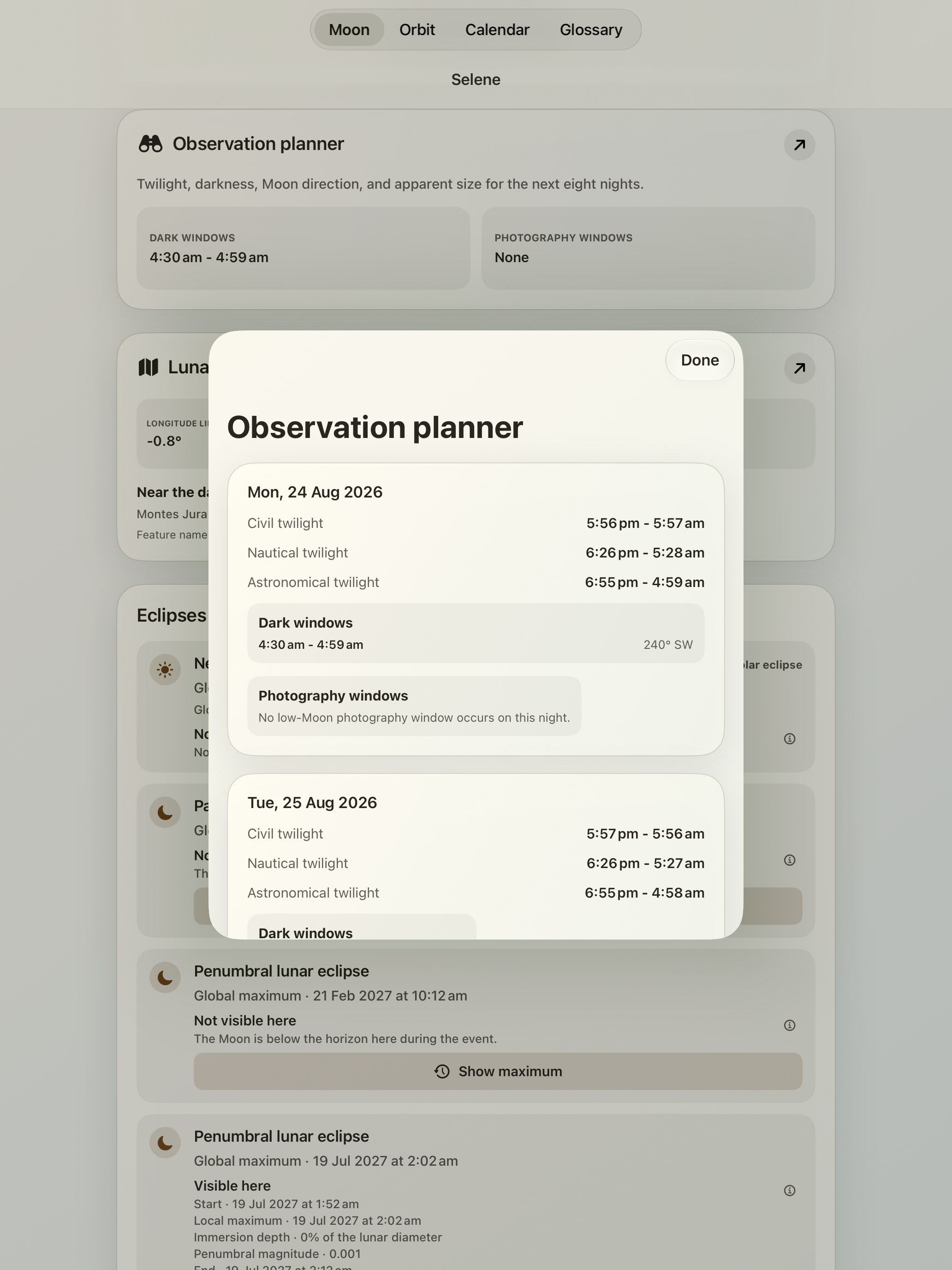 Selene iPad screenshot 10: iPad · Observation planner