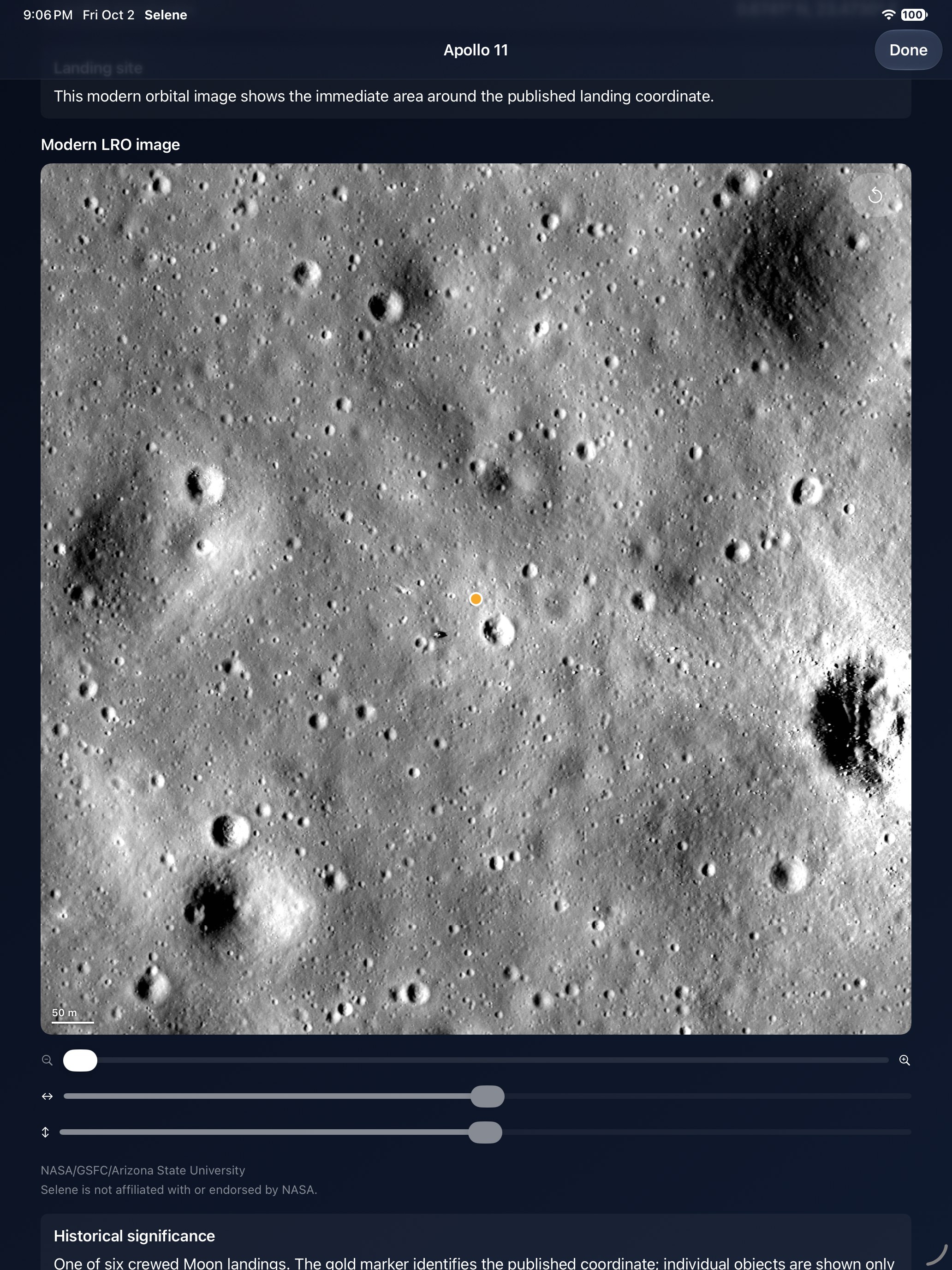 Selene iPad screenshot 3: iPad · Apollo landing site
