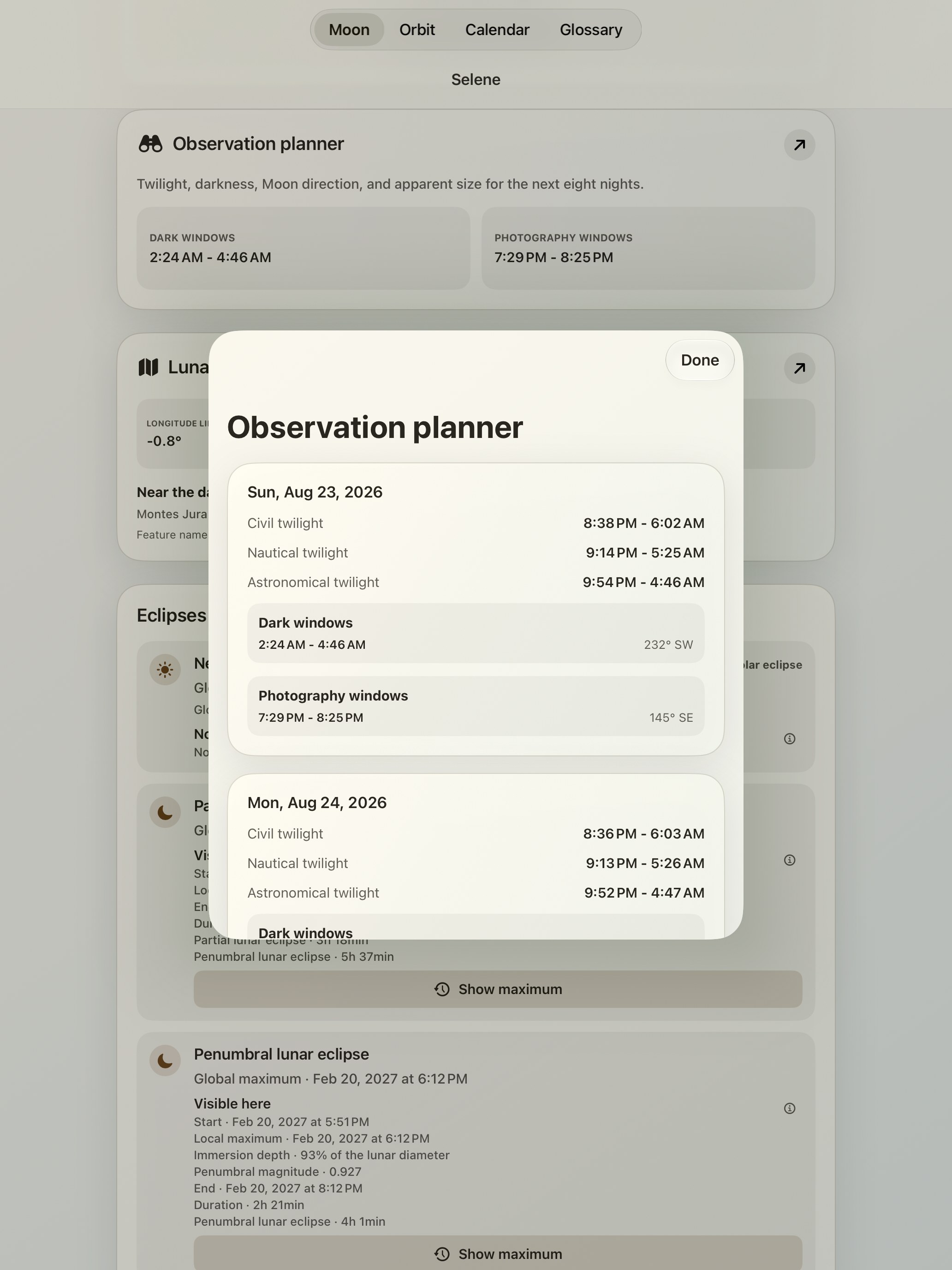 Selene iPad screenshot 10: iPad · Observation planner