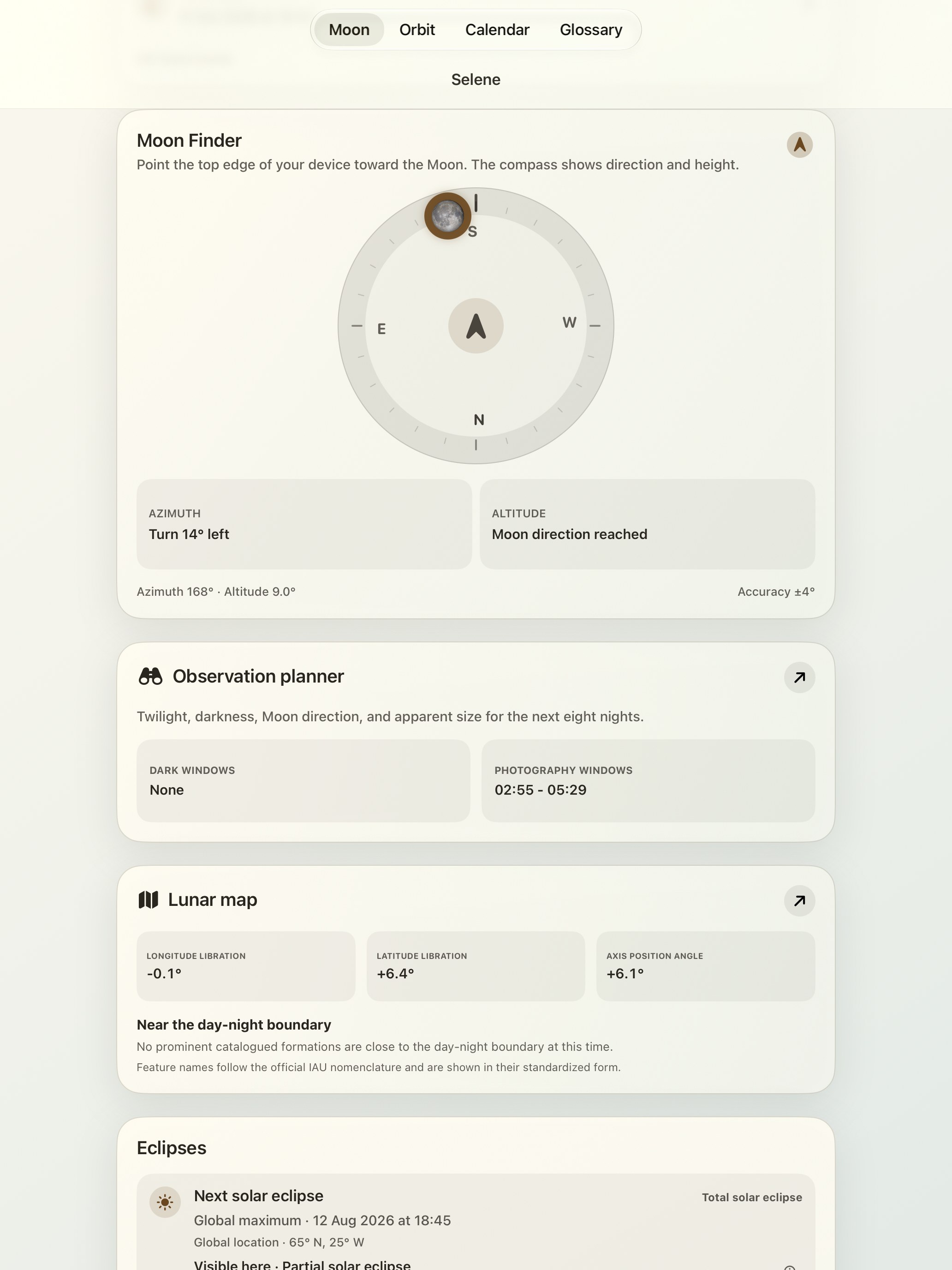 Selene iPad screenshot 2: iPad · Moon Finder and moon compass
