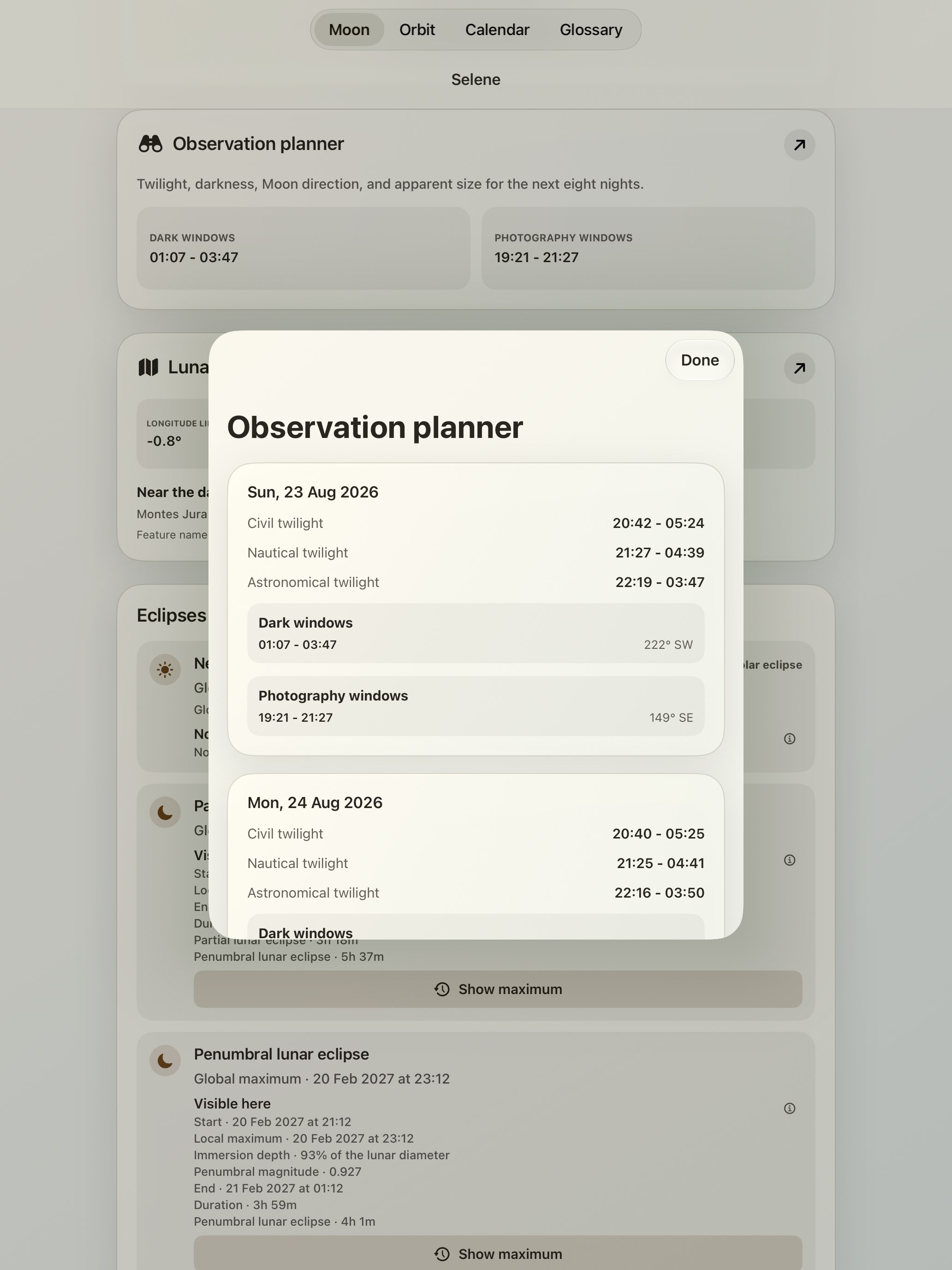 Selene iPad screenshot 10: iPad · Observation planner