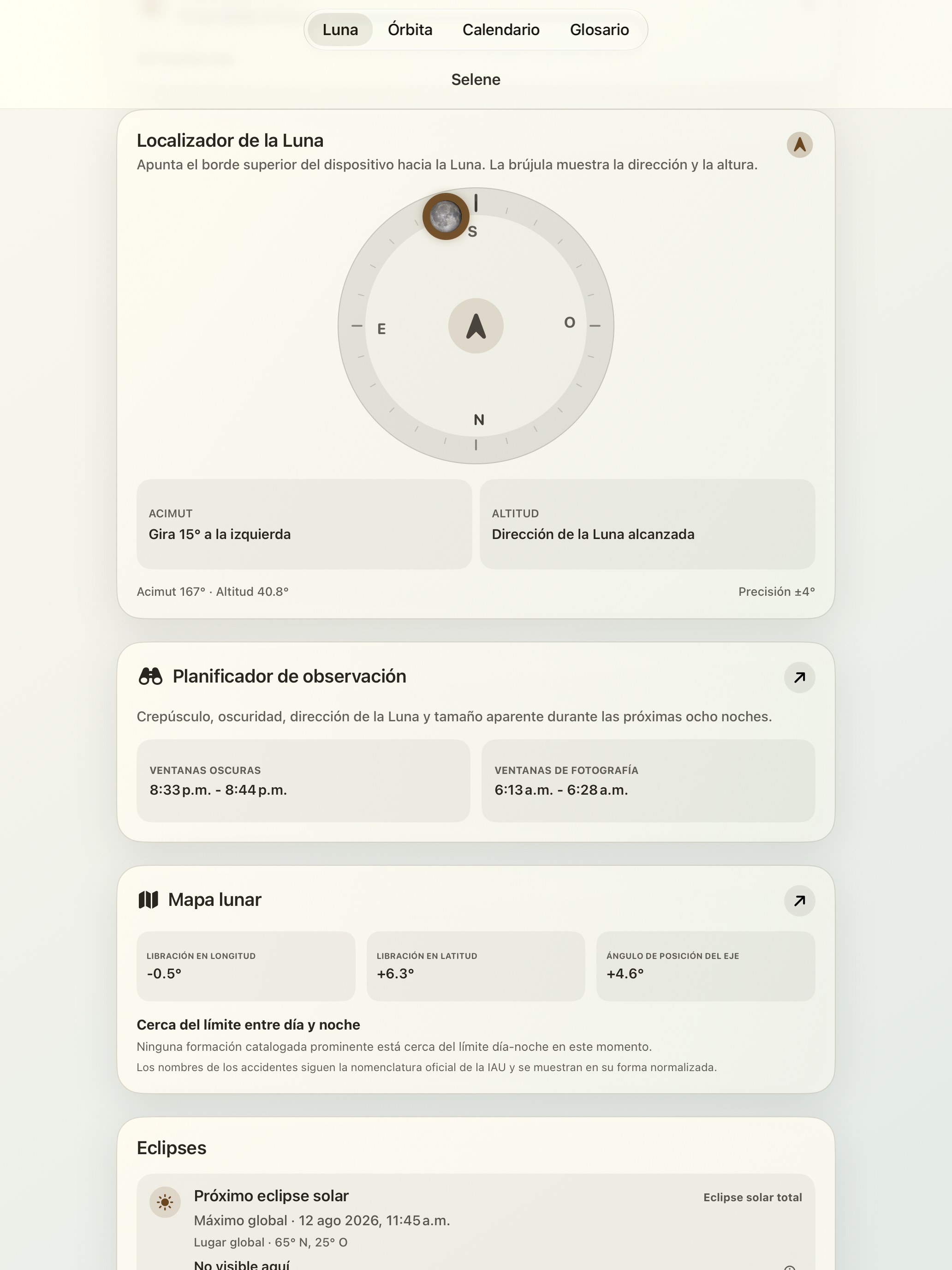 Selene iPad screenshot 2: iPad · Finder lunar y brújula lunar