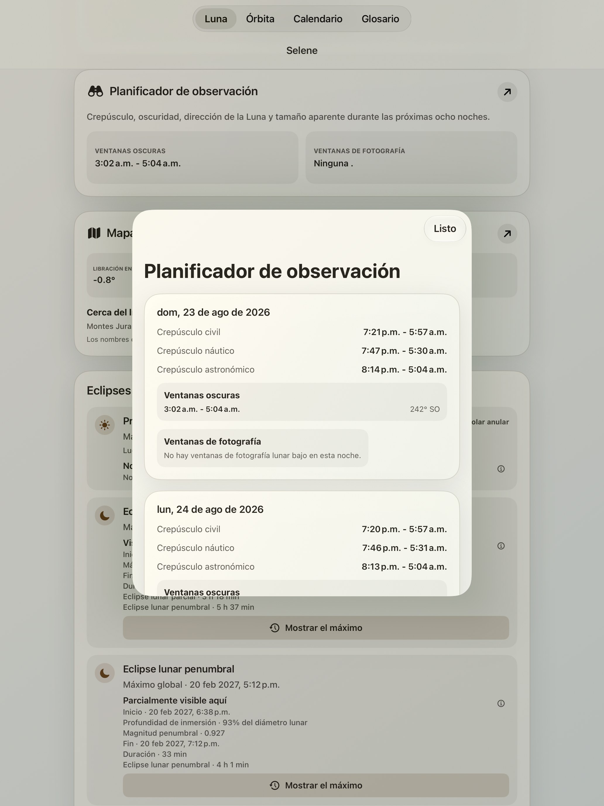 Selene iPad screenshot 10: iPad · Planificador de observación