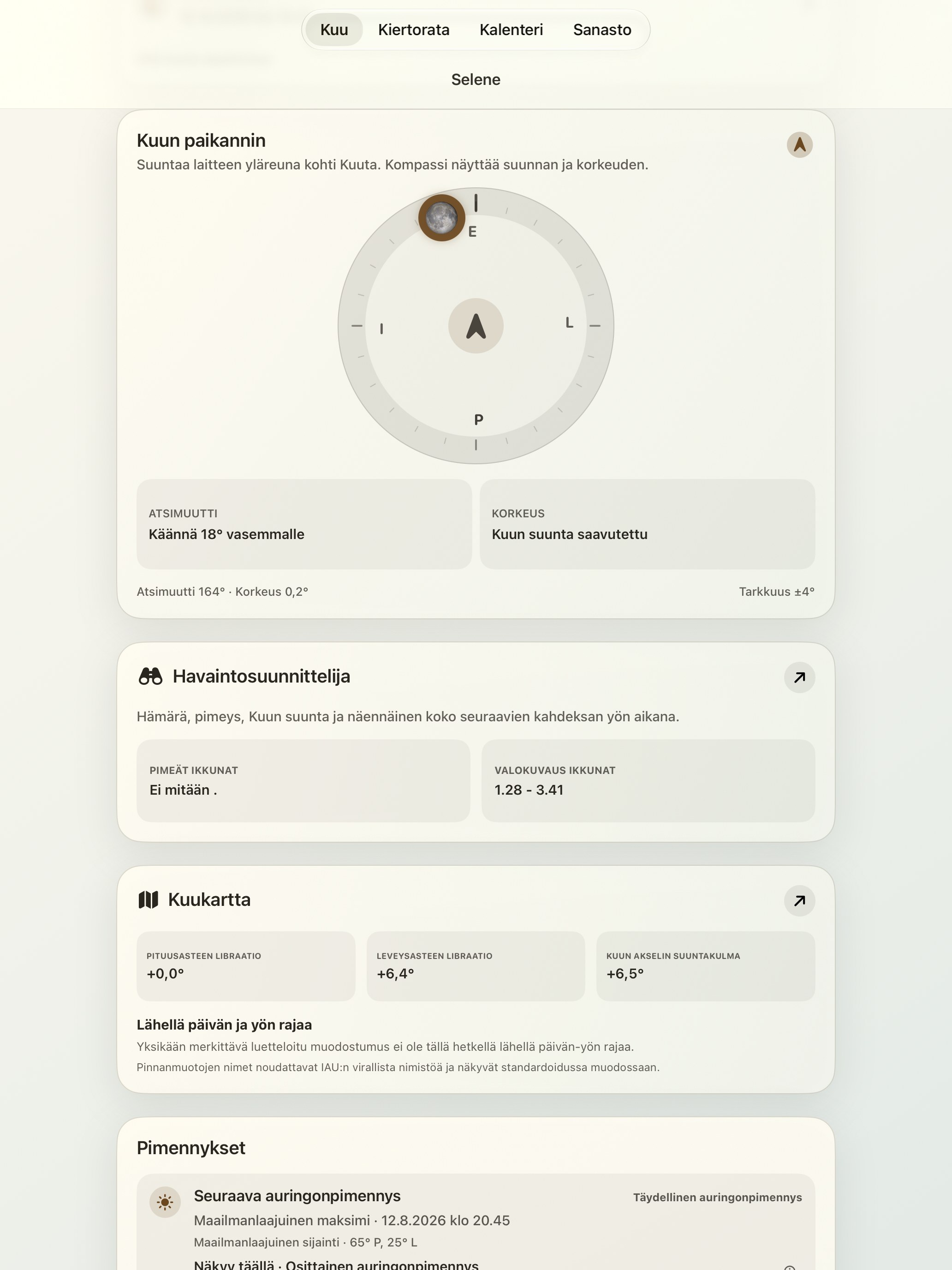 Selene iPad screenshot 2: iPad · Kuun löytäjä ja kuun kompassi