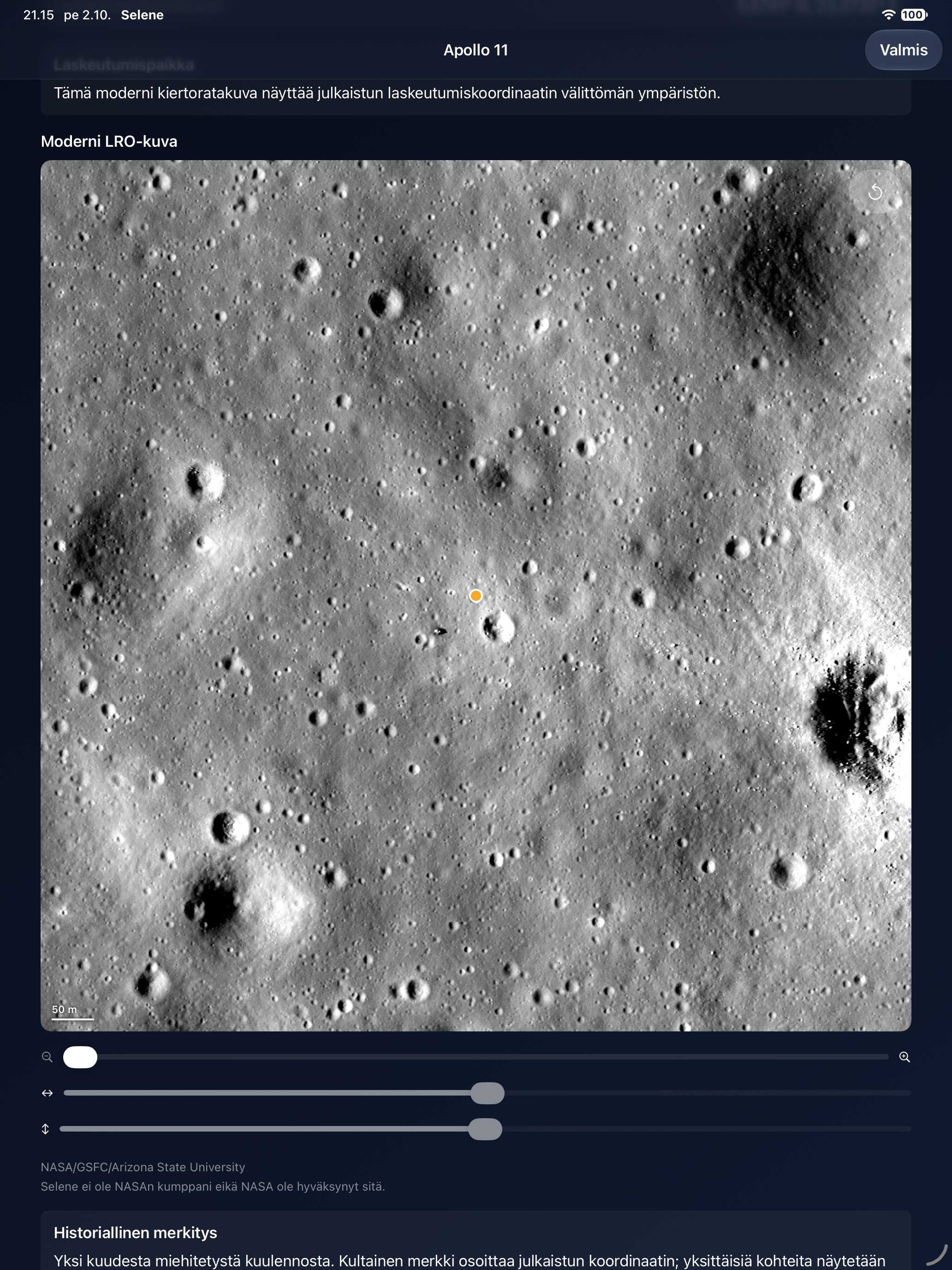Selene iPad screenshot 3: iPad · Apollo-laskeutumispaikka