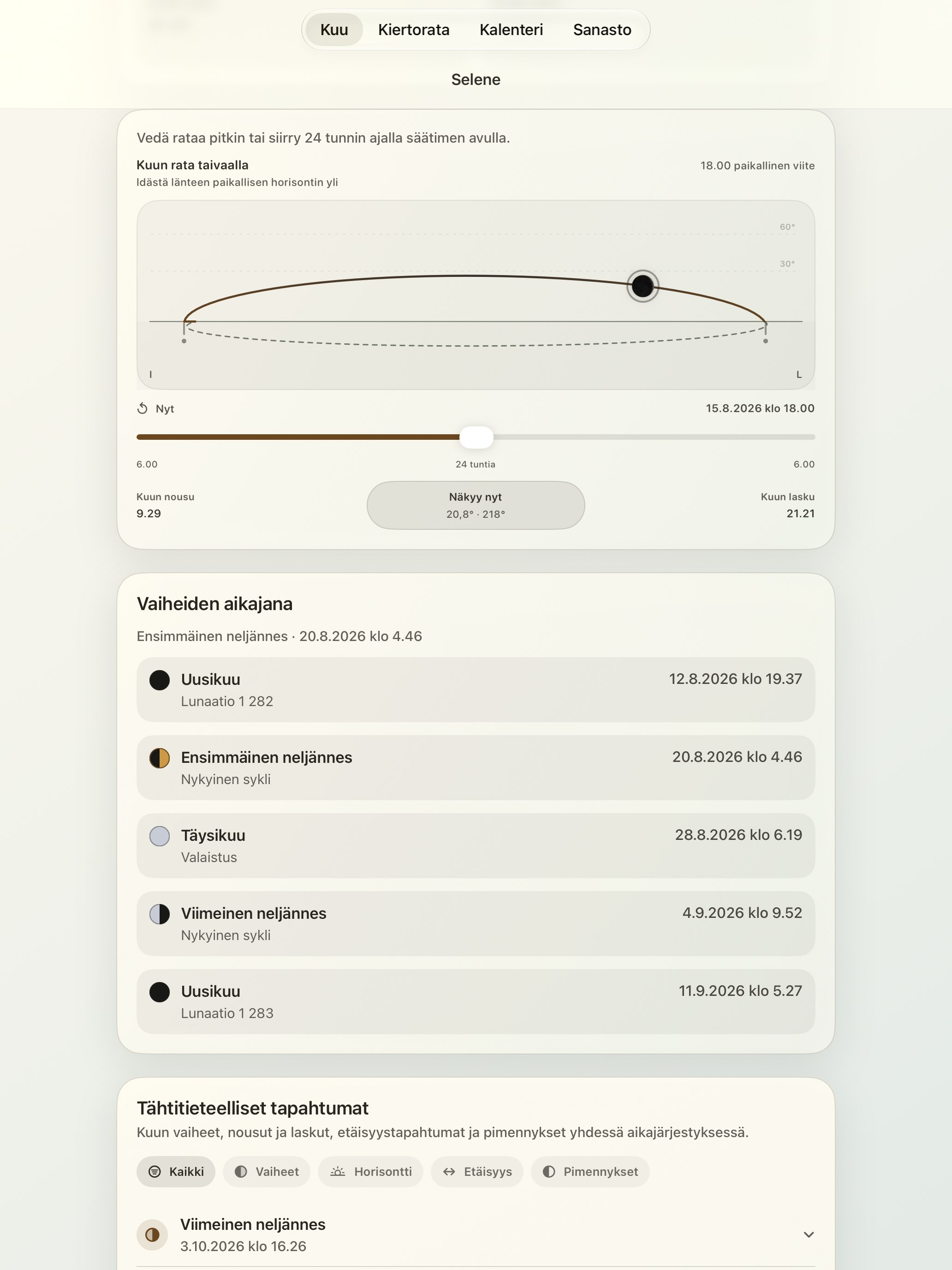 Selene iPad screenshot 5: iPad · Kuun rata taivaalla
