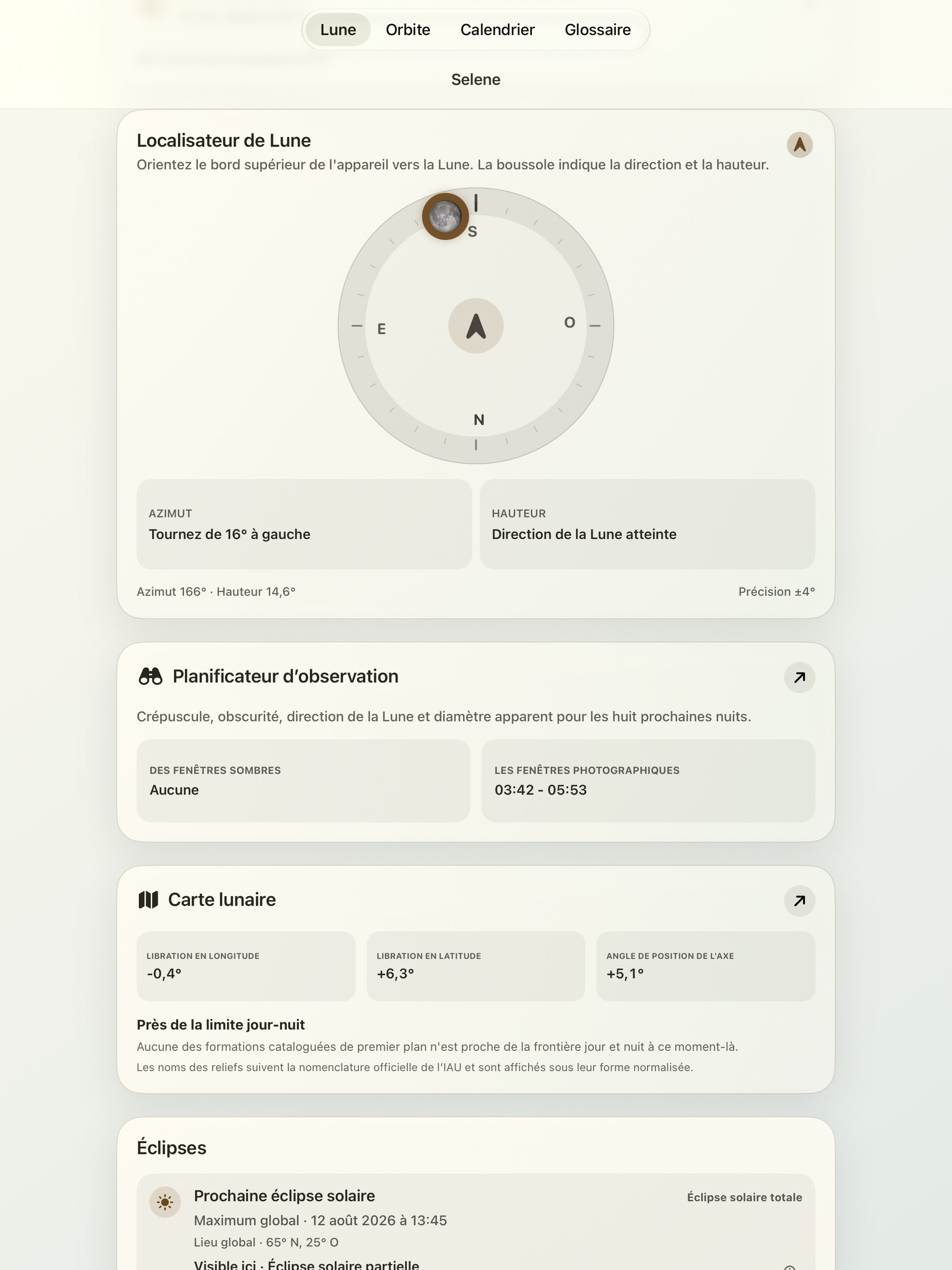 Selene iPad screenshot 2: iPad · Détecteur de lune et boussole lunaire