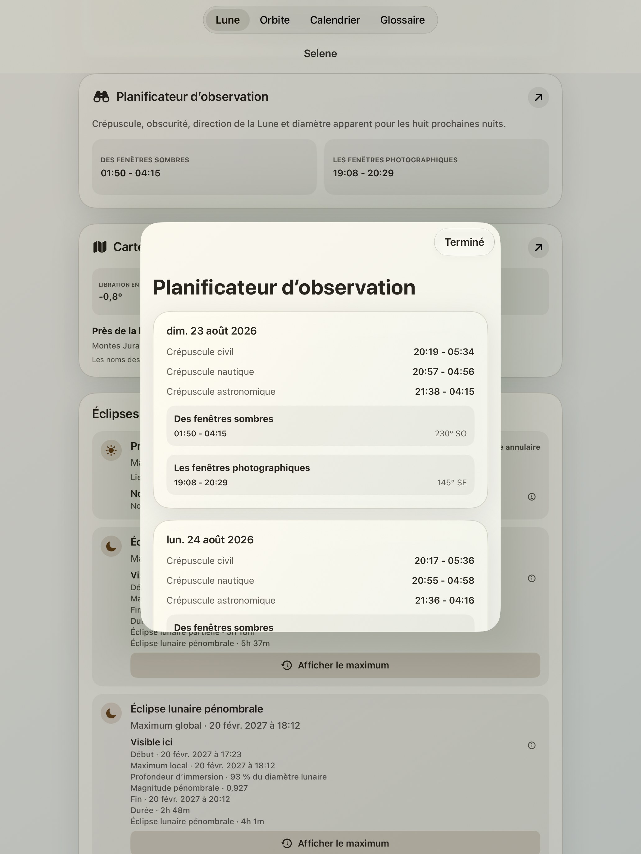 Selene iPad screenshot 10: iPad · Planificateur d’observation