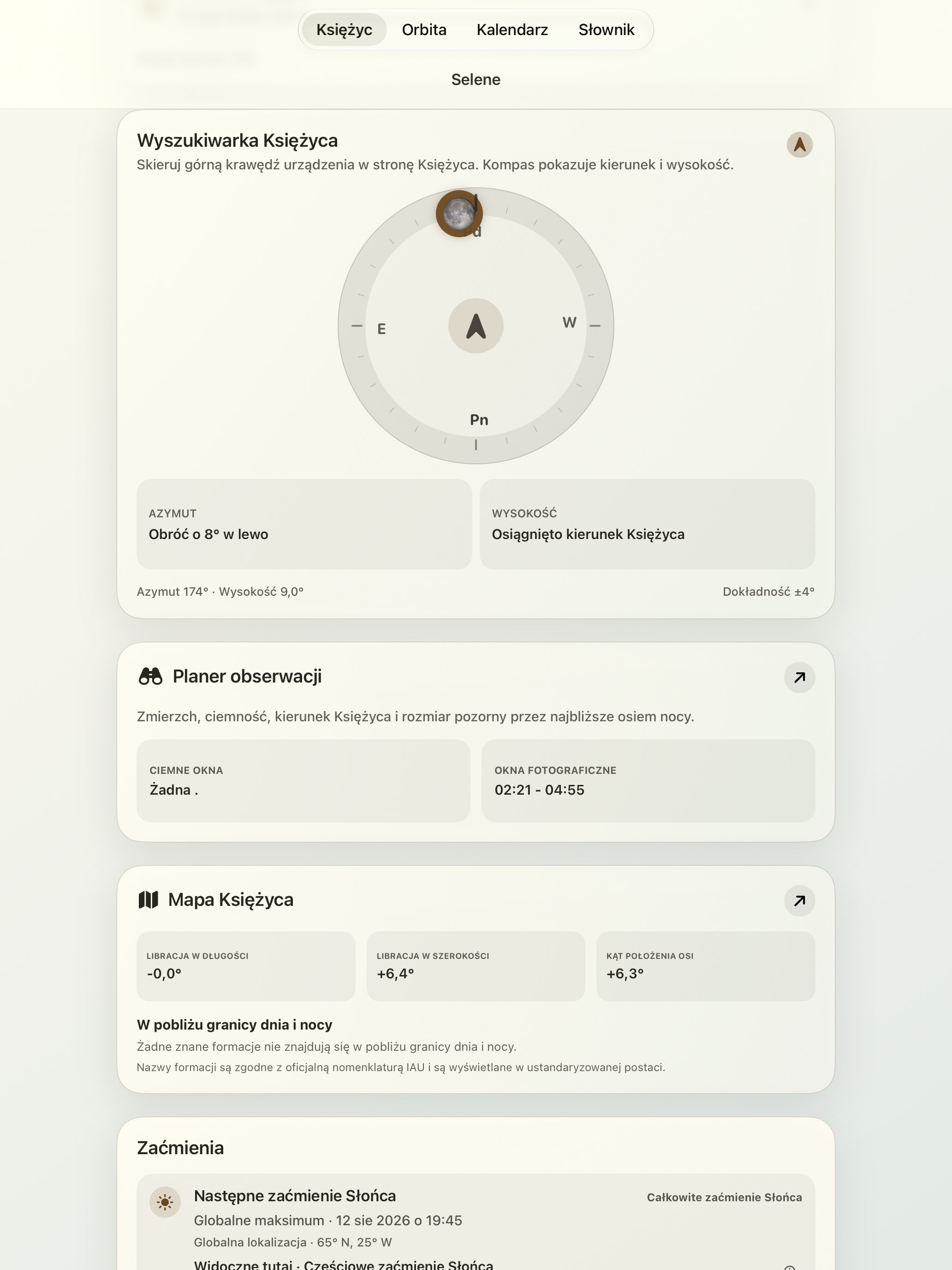Selene iPad screenshot 2: iPad · Lunar Finder i kompas księżycowy