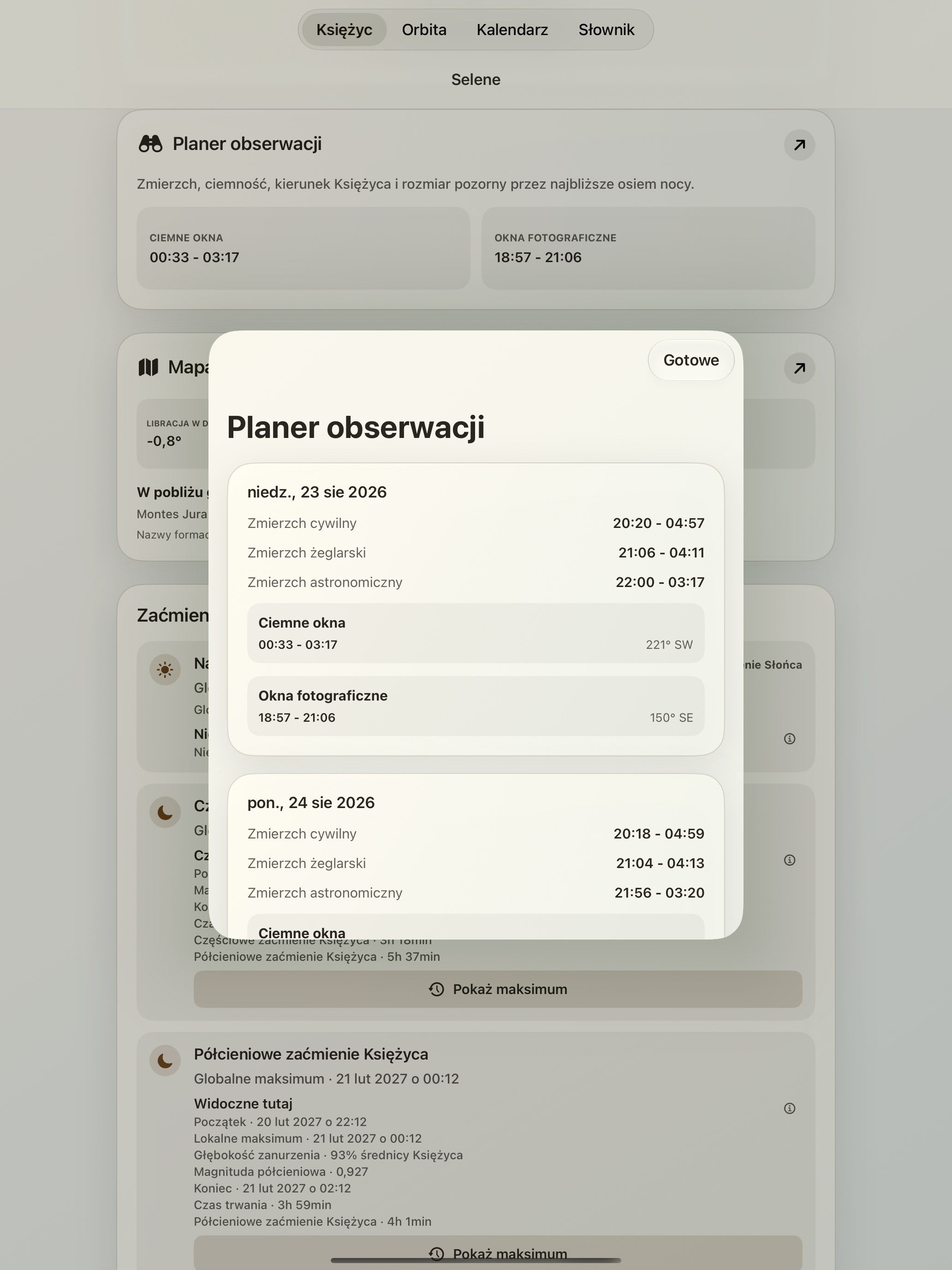Selene iPad screenshot 10: iPad · Planer obserwacji