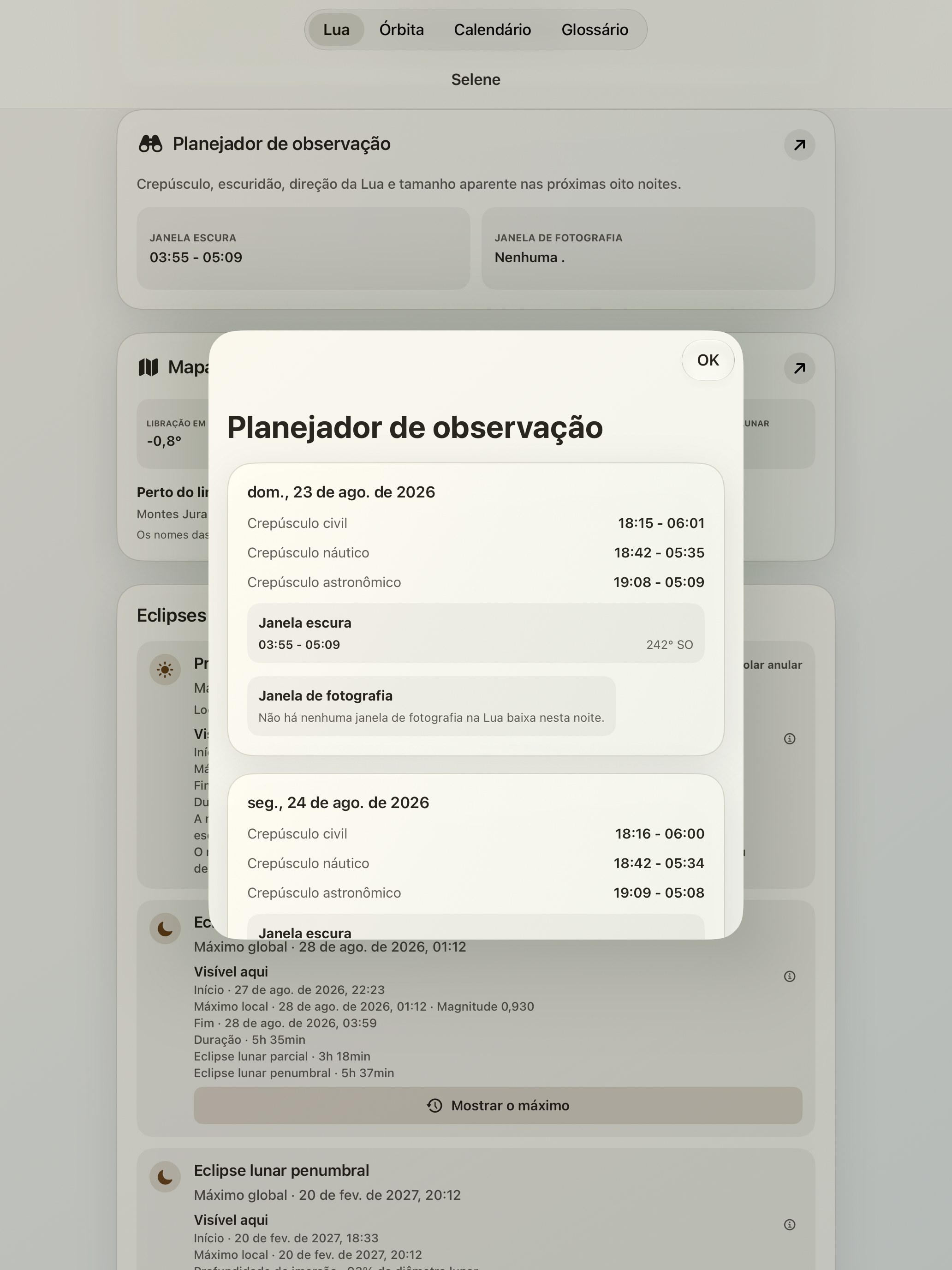 Selene iPad screenshot 10: iPad · Planejador de observação
