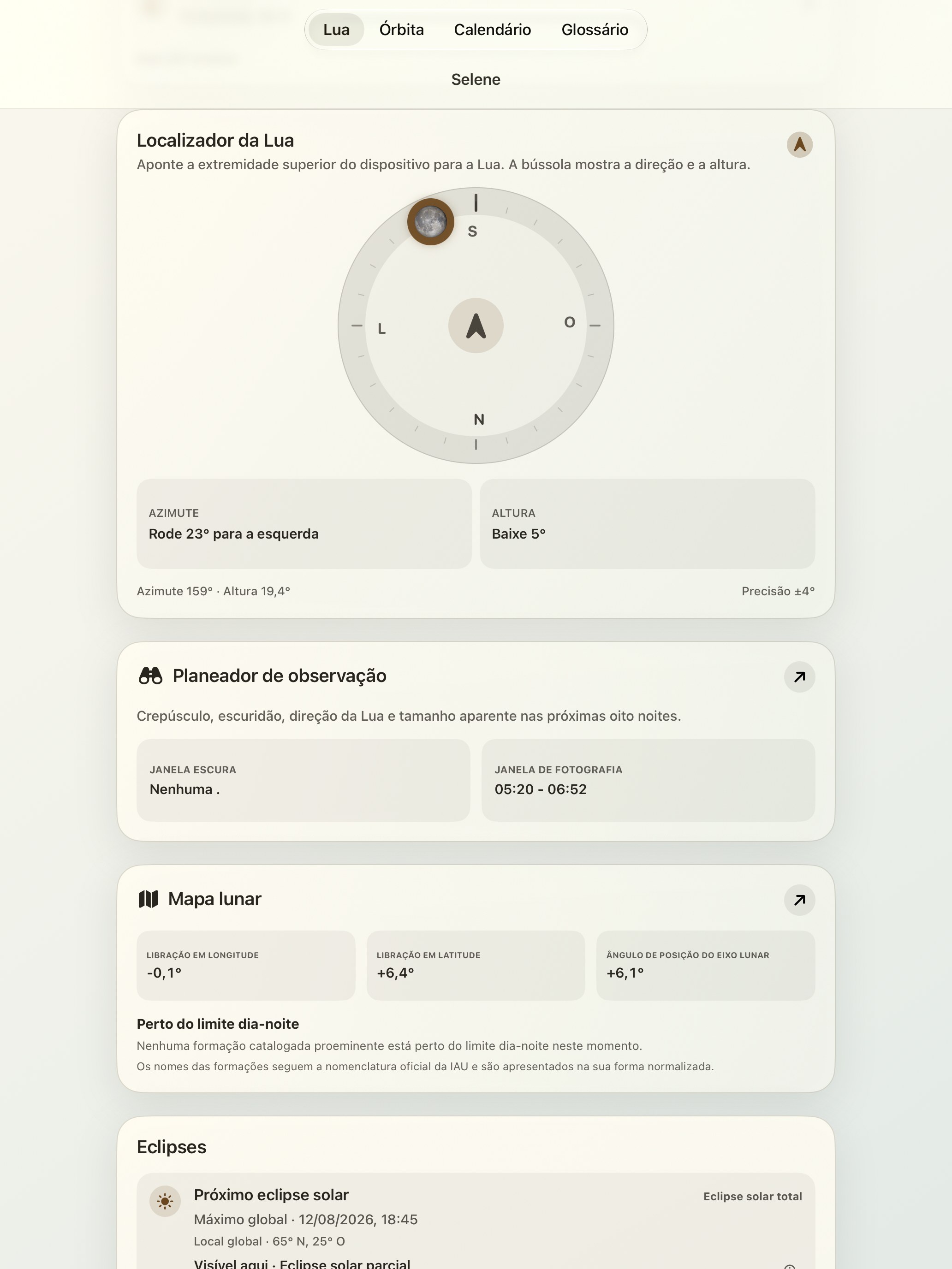 Selene iPad screenshot 2: iPad · Moon Finder e bússola lunar