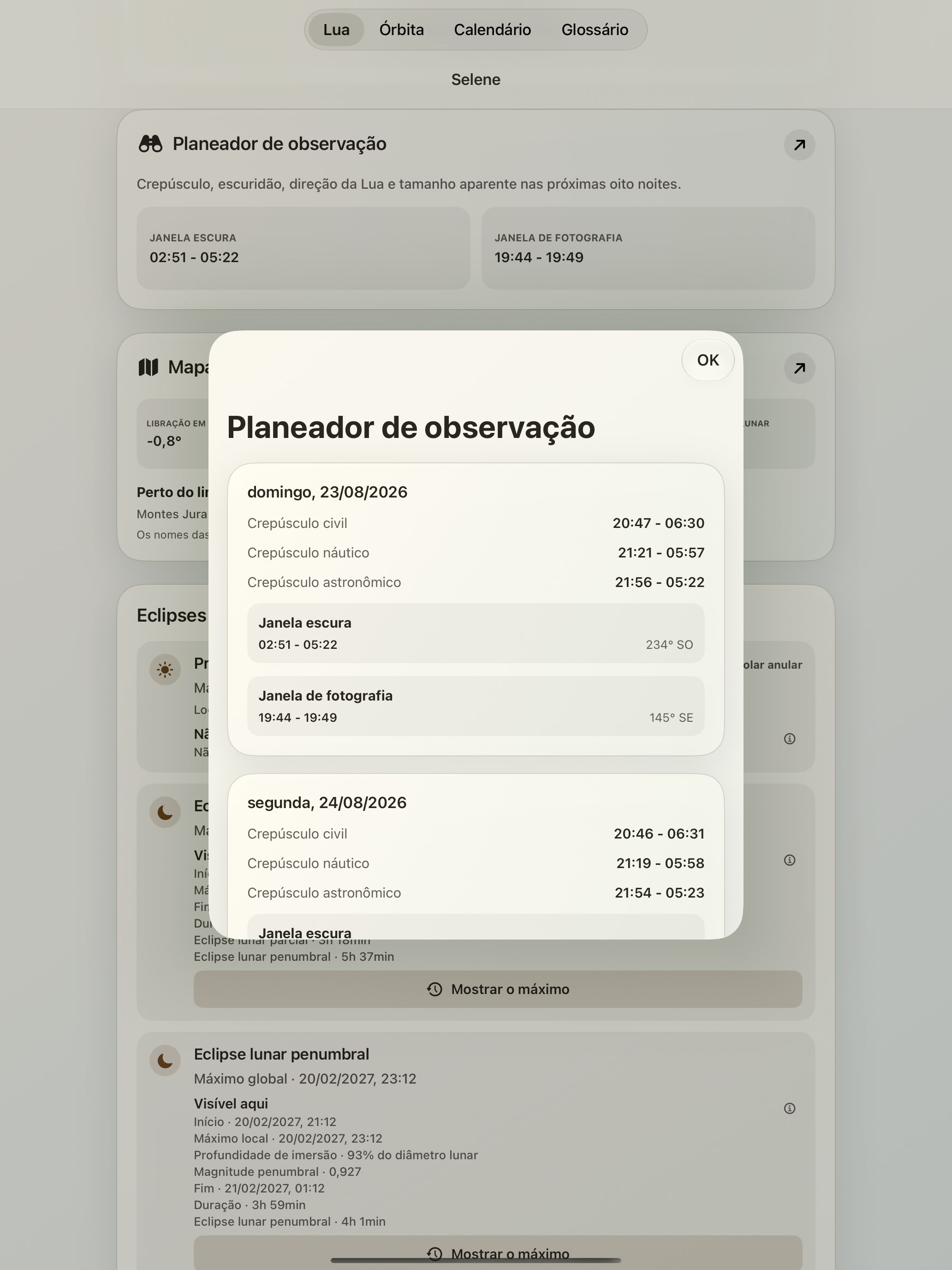 Selene iPad screenshot 10: iPad · Planeador de observação