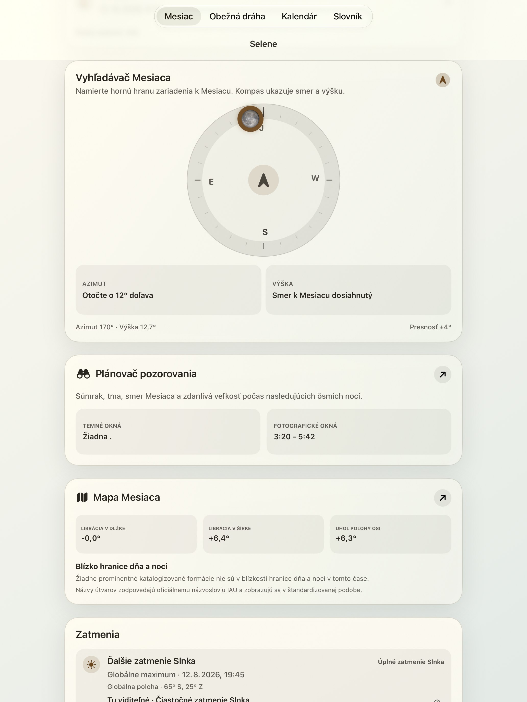 Selene iPad screenshot 2: iPad · Lunar Finder a mesačný kompas