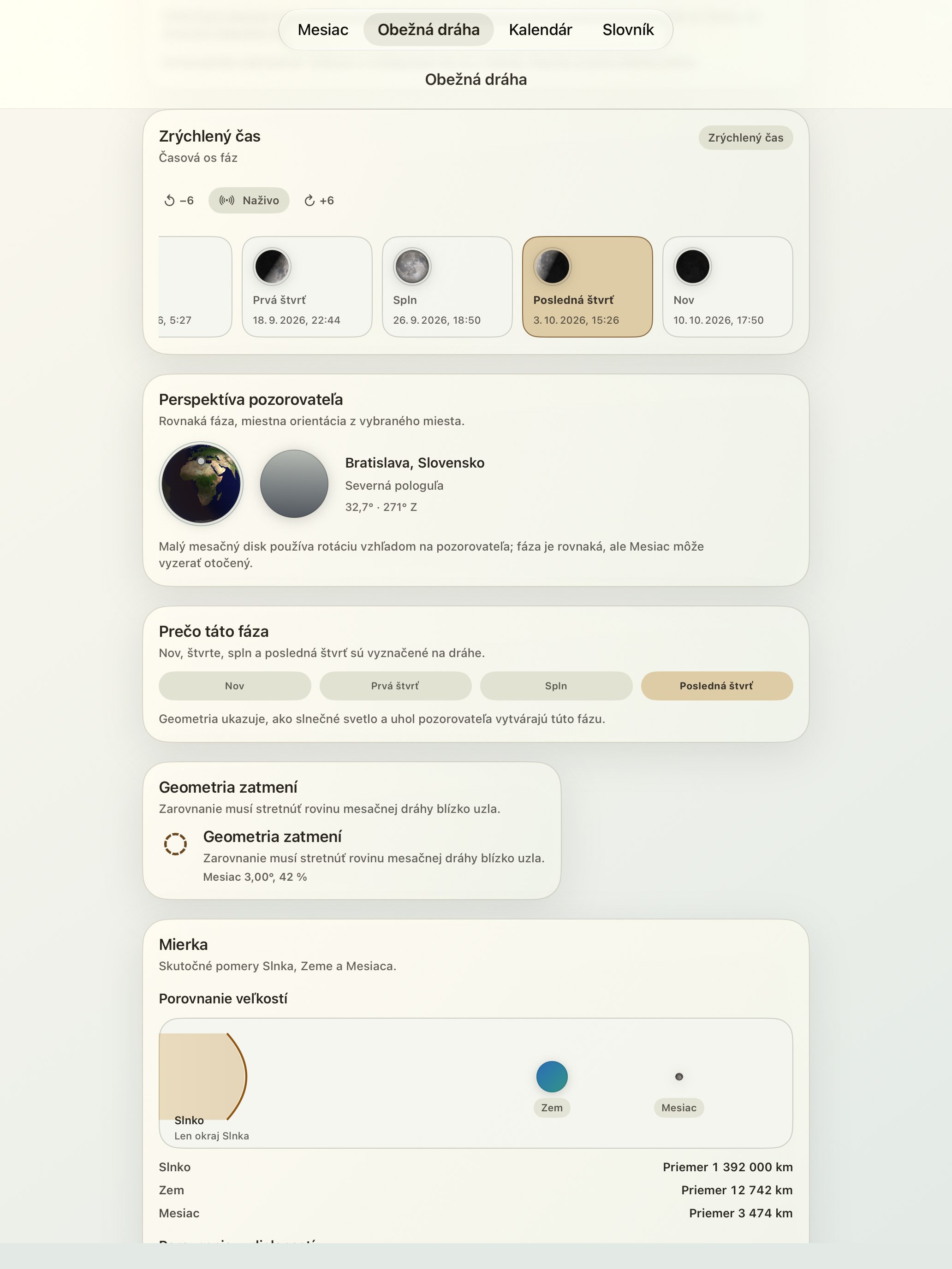 Selene iPad screenshot 6: iPad · Časová os fáz