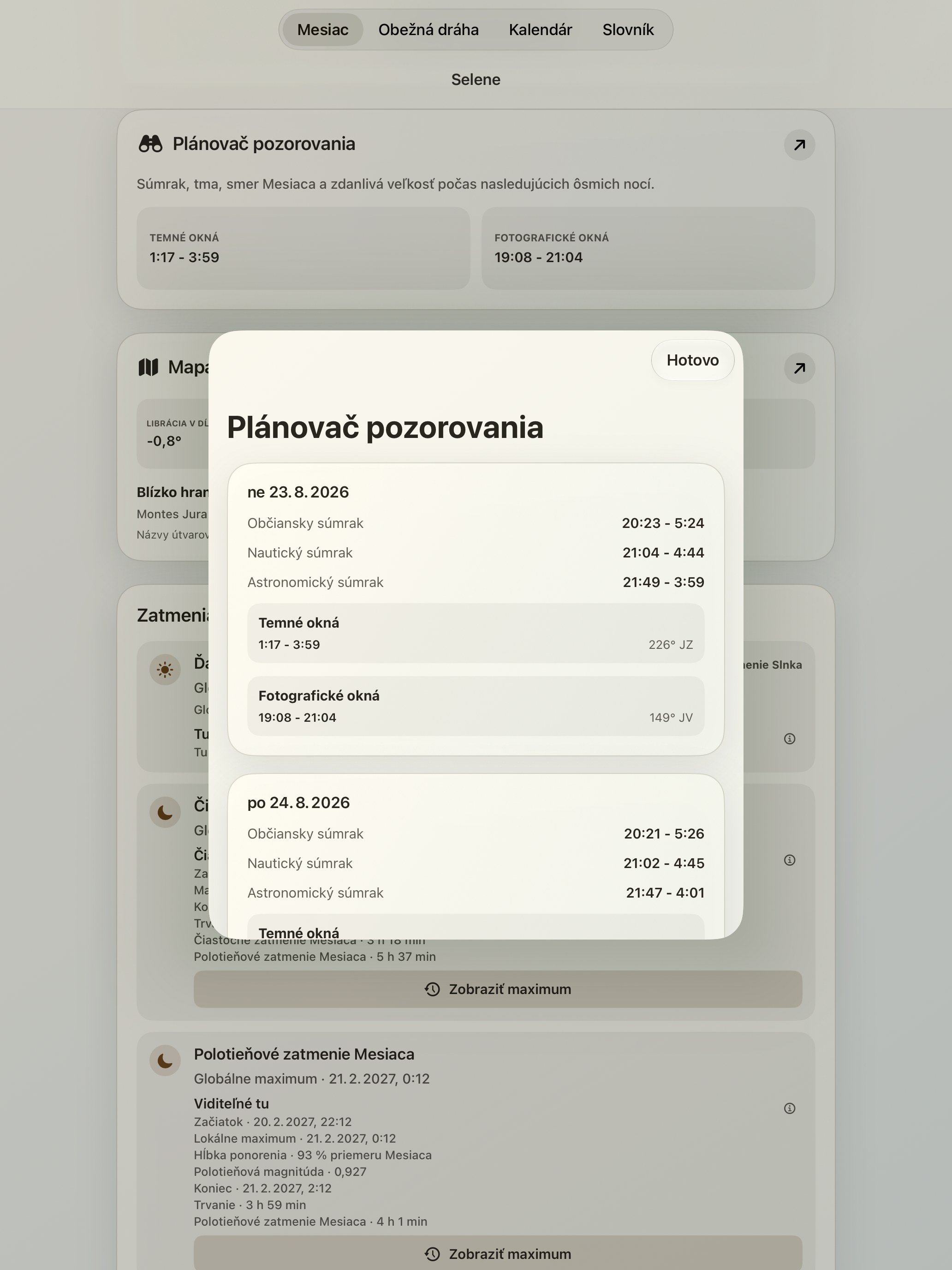 Selene iPad screenshot 10: iPad · Plánovač pozorovania