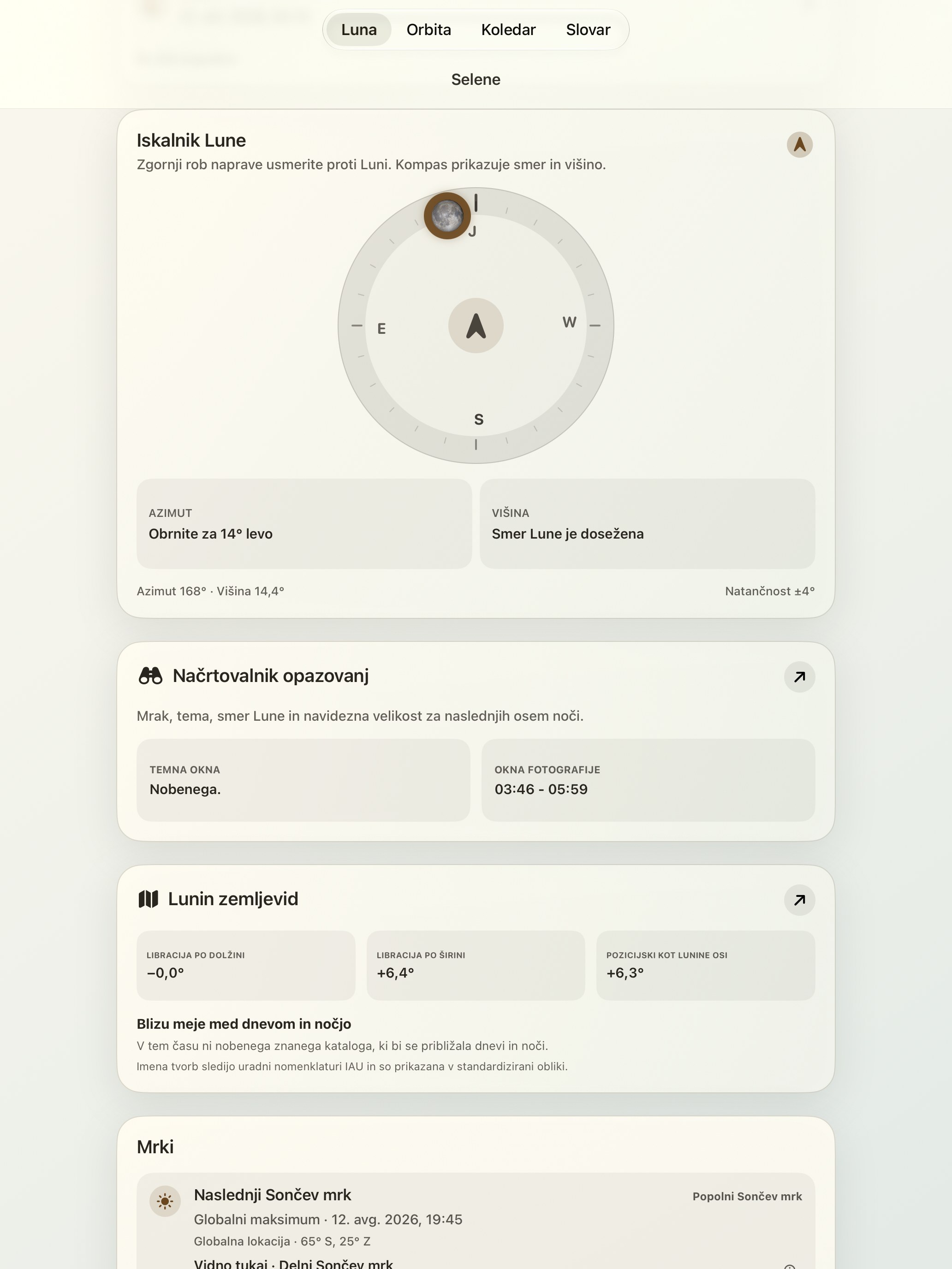 Selene iPad screenshot 2: iPad · Lunar Finder in lunarni kompas