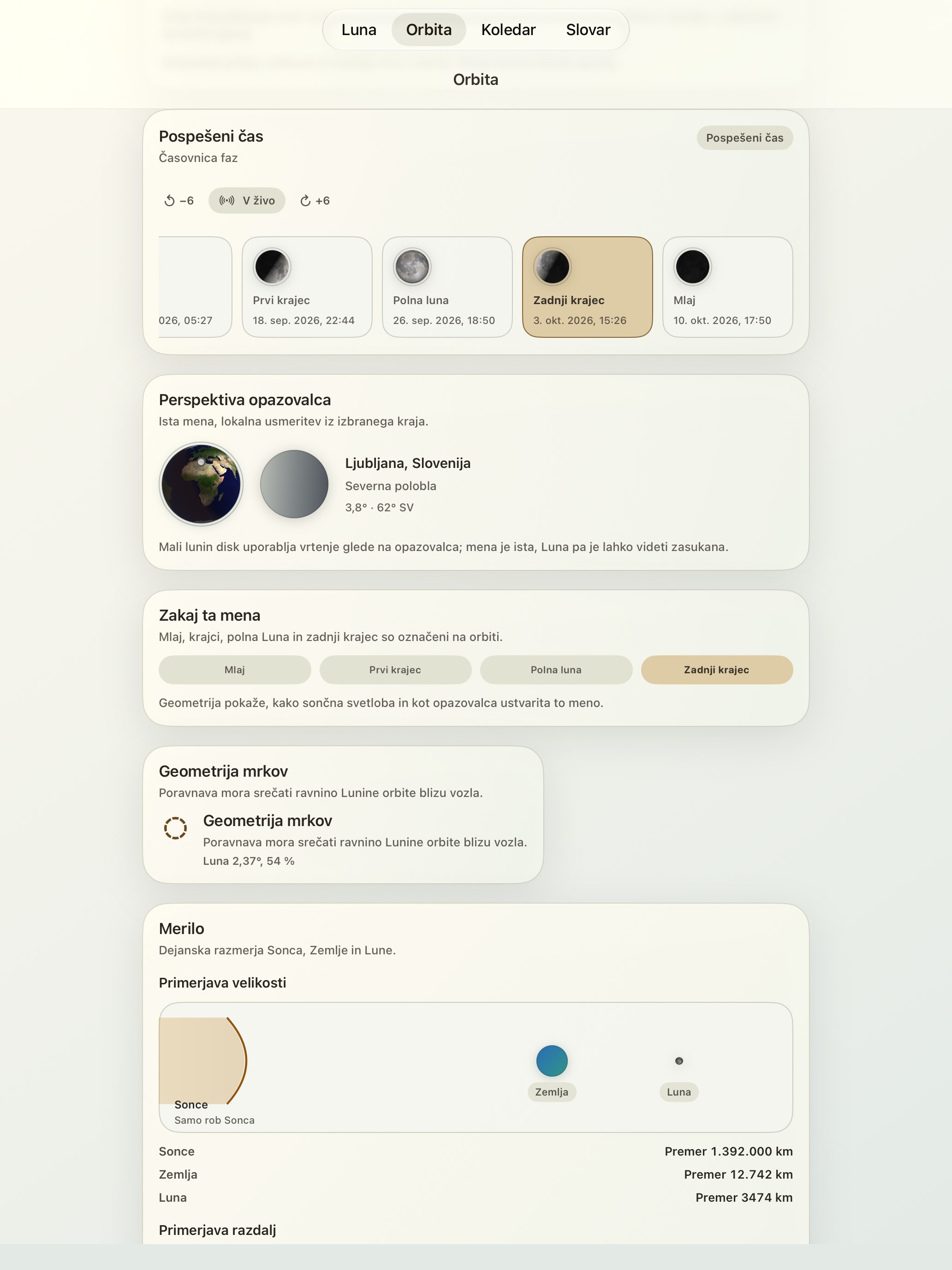 Selene iPad screenshot 6: iPad · Časovnica faz