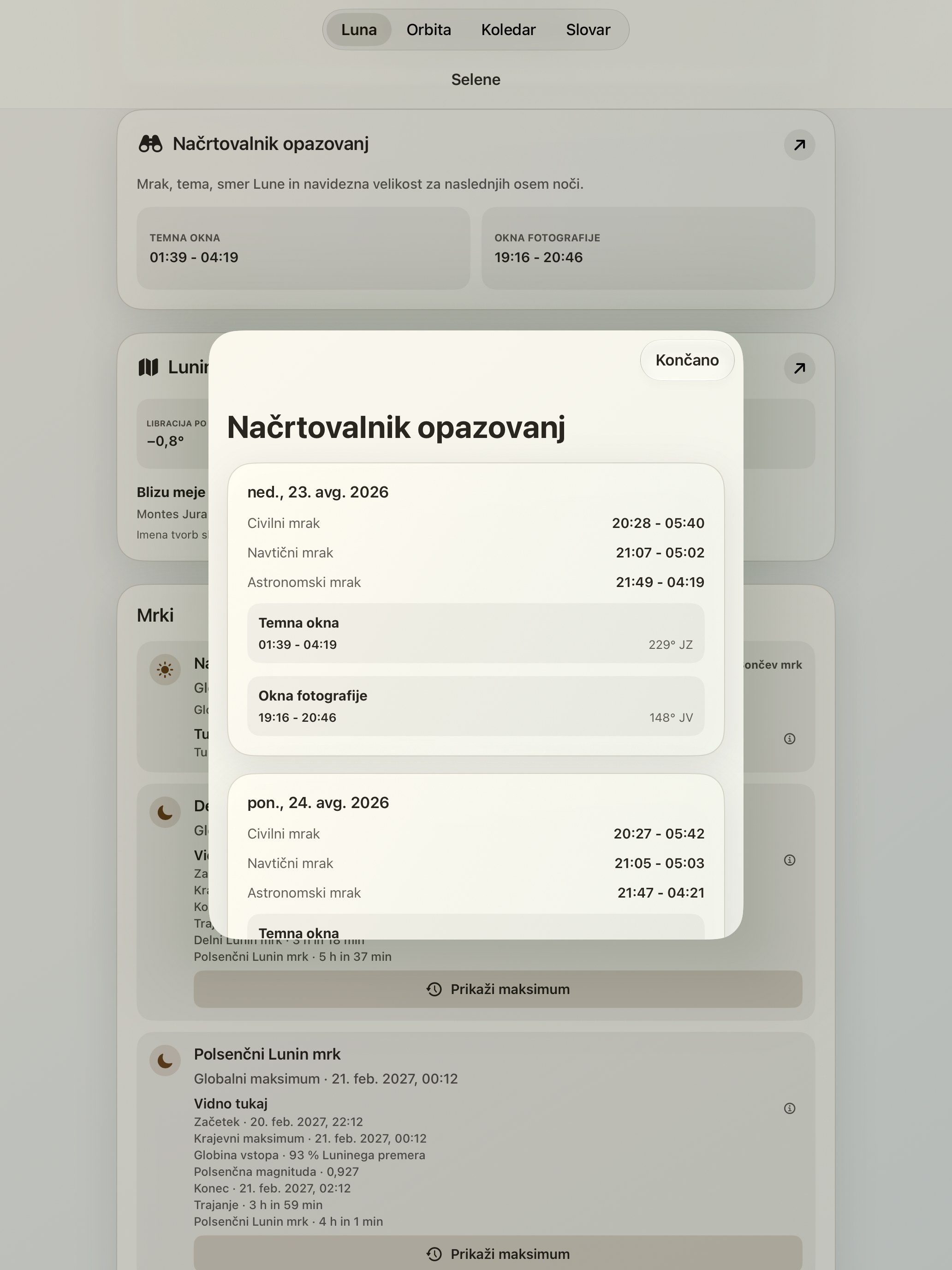Selene iPad screenshot 10: iPad · Načrtovalnik opazovanj