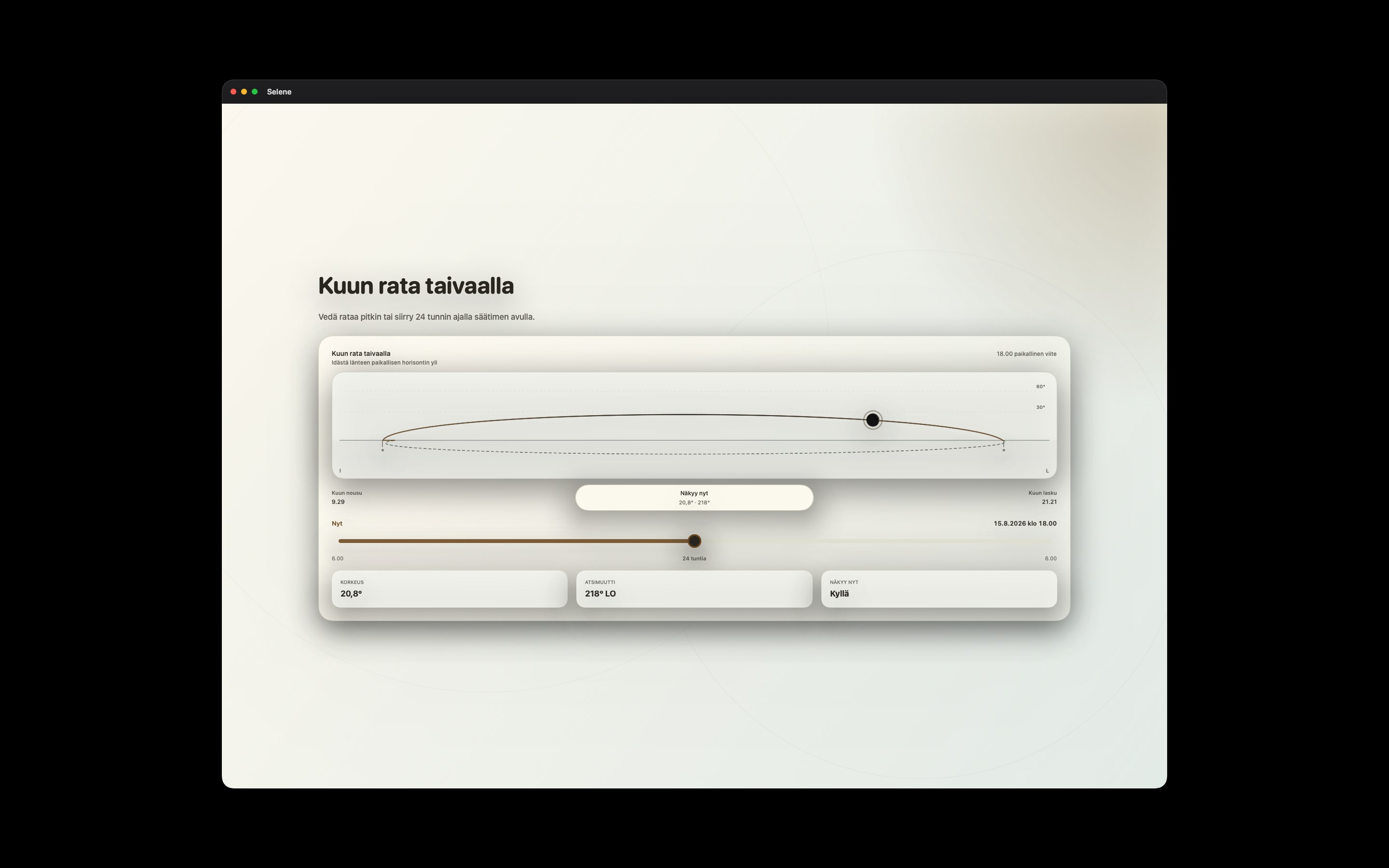 Selene Mac screenshot 2: Mac · Kuun rata taivaalla