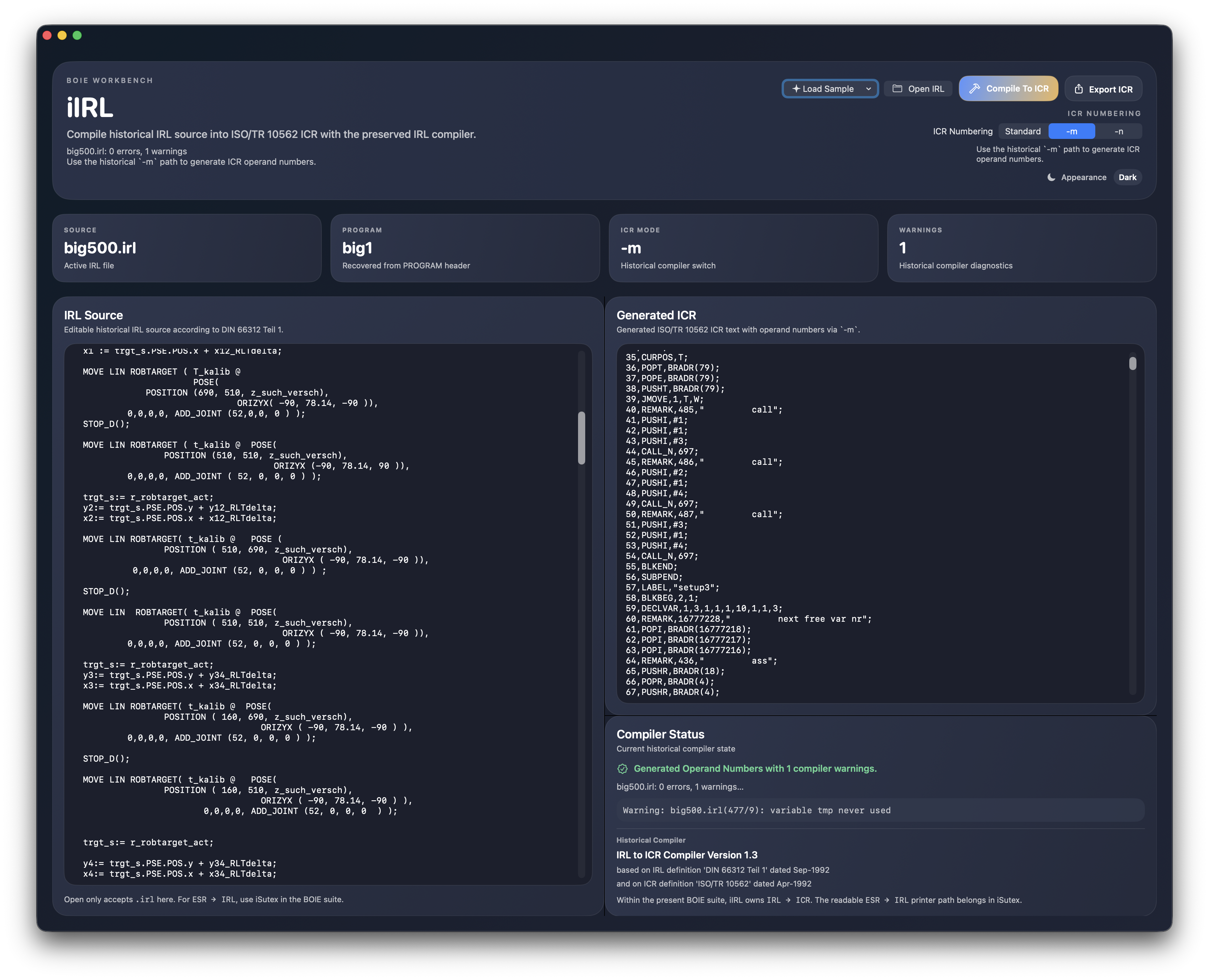 iIRL dark mode compiling big500.irl to generated ICR with operand numbering