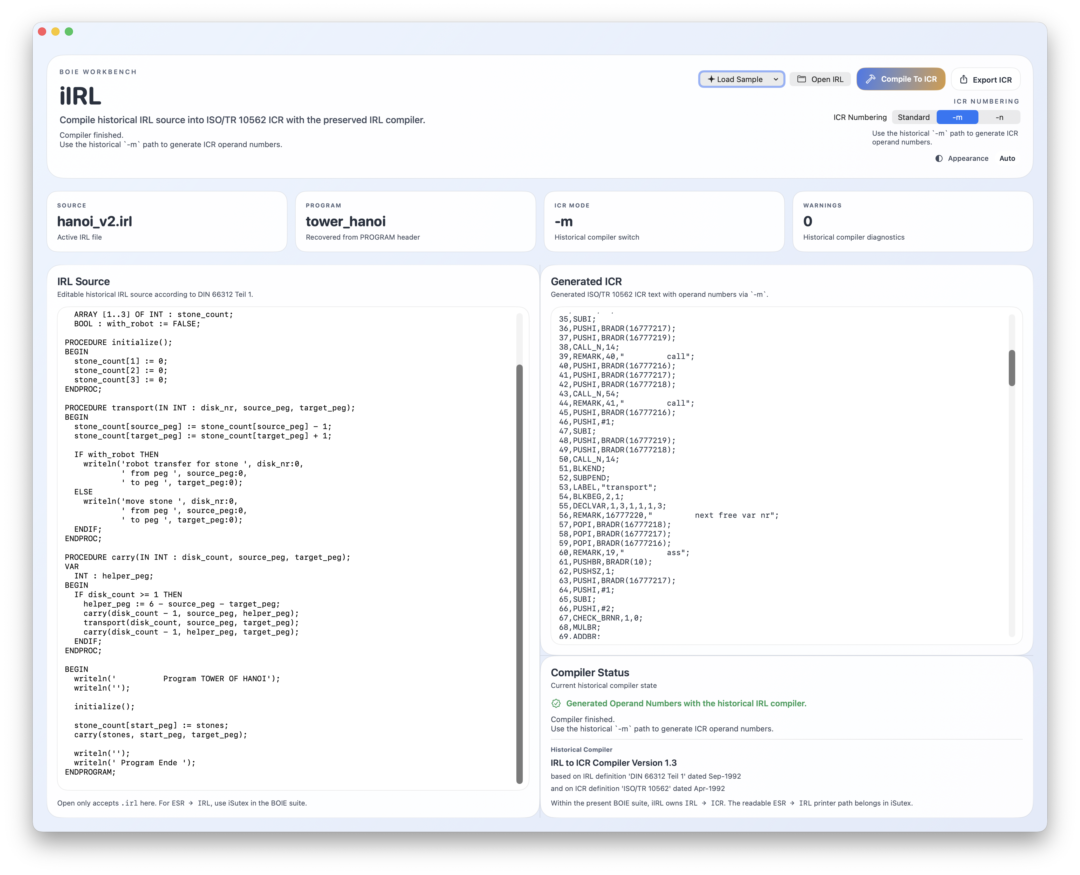 iIRL interface compiling hanoi_v2.irl into generated ICR