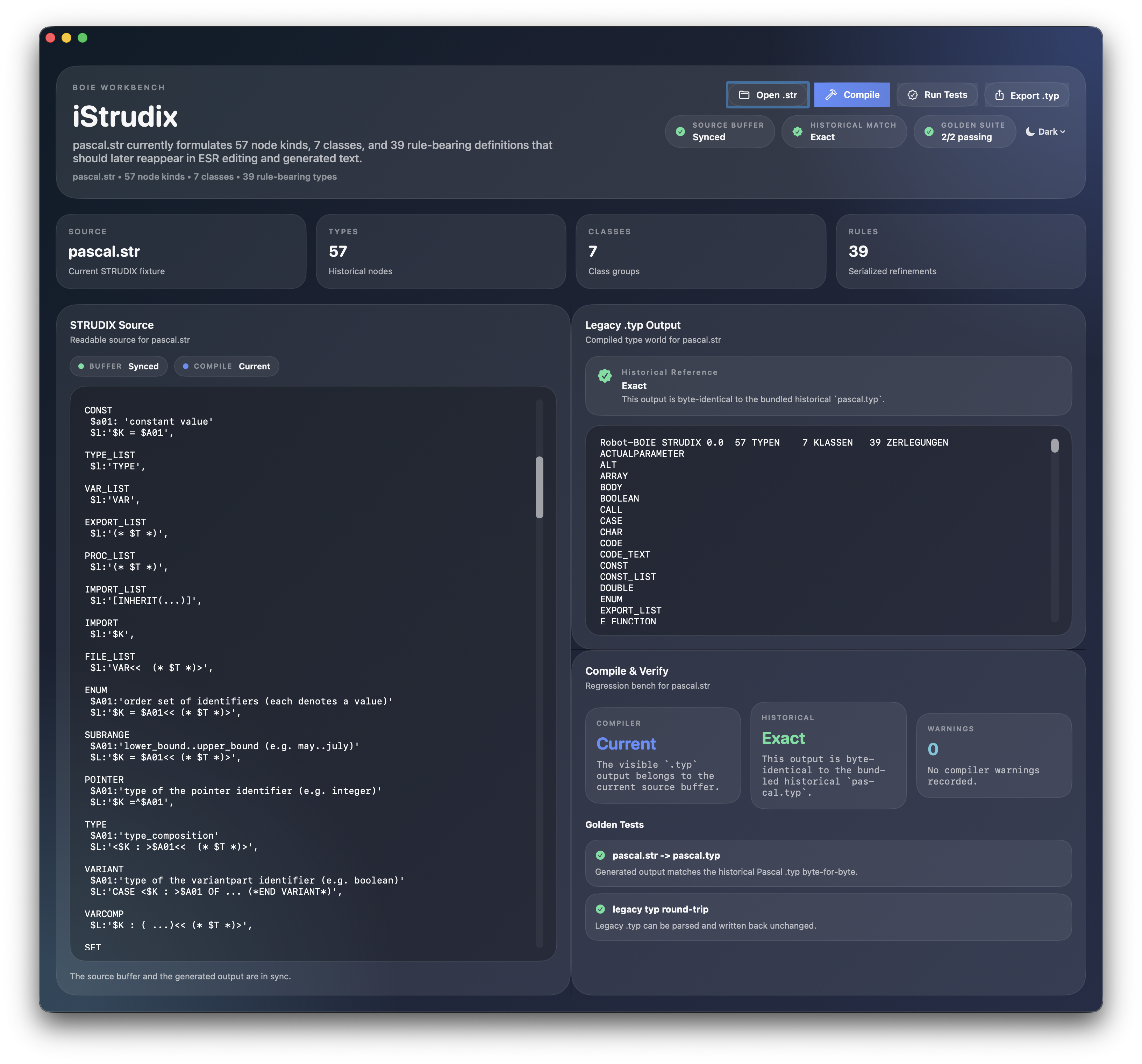 iStrudix dark mode with synchronized structure source and generated legacy type output