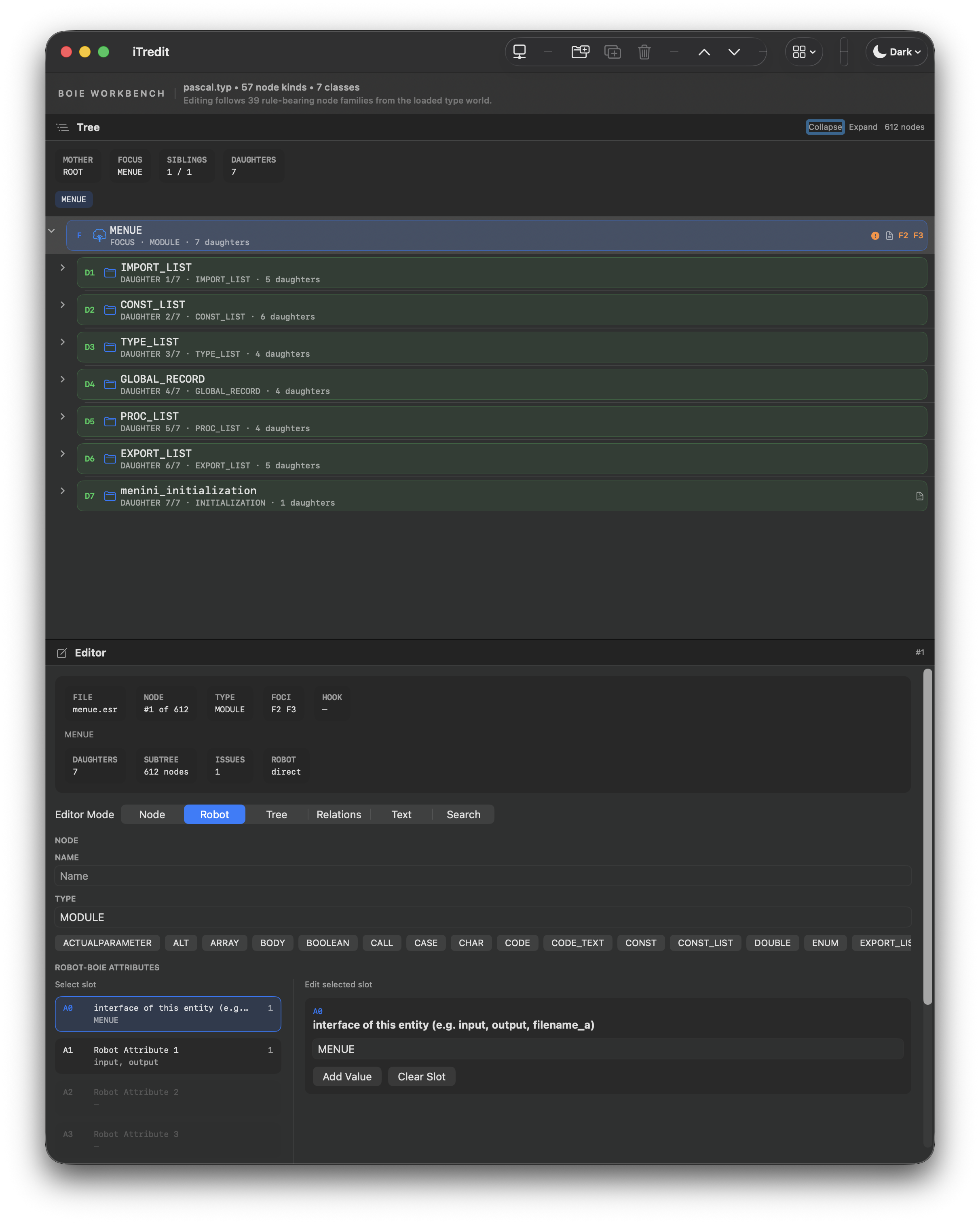 iTredit dark interface showing an ESR tree and editable robot attributes